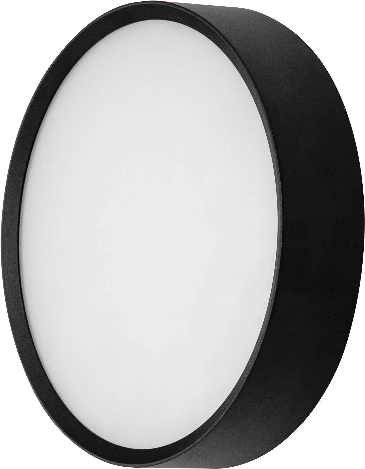 Runde schwarze LED-Deckenleuchte mit mattem Diffusor, die ein gleichmäßiges, blendfreies Licht abstrahlt.