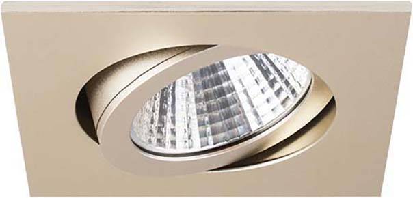 Quadratischer Deckenstrahler mit einstellbarem, glänzendem Reflektor in einem goldfarbenen Gehäuse.