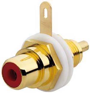 Goldener RCA-Anschlussstecker mit weißem Isolator und Montagehalterung, dient zur Audio- und Videoverbindung.