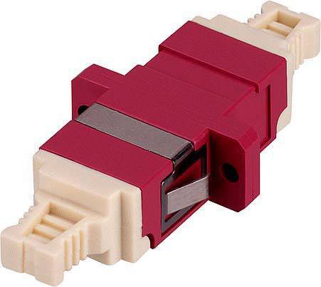 Roter LWL-Kuppler mit beidseitigem SC-Stecker, zur Verbindung von Glasfaserkabeln in Netzwerkumgebungen.