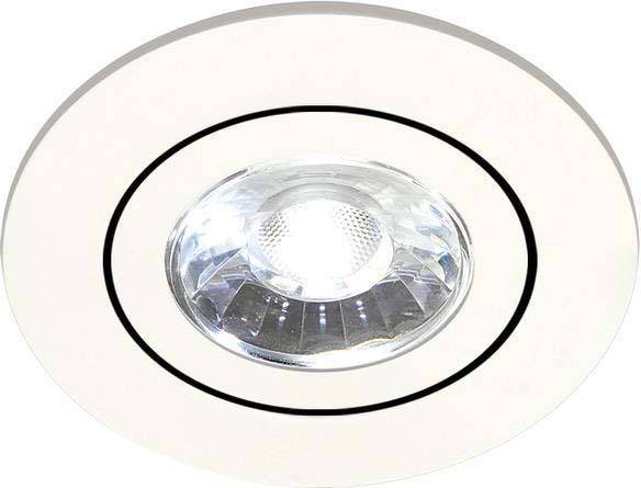 Runde, weiße Einbauleuchte mit zentriertem LED-Spotlicht in einem modernen, minimalen Design. Geeignet für Innenraumbeleuchtung.