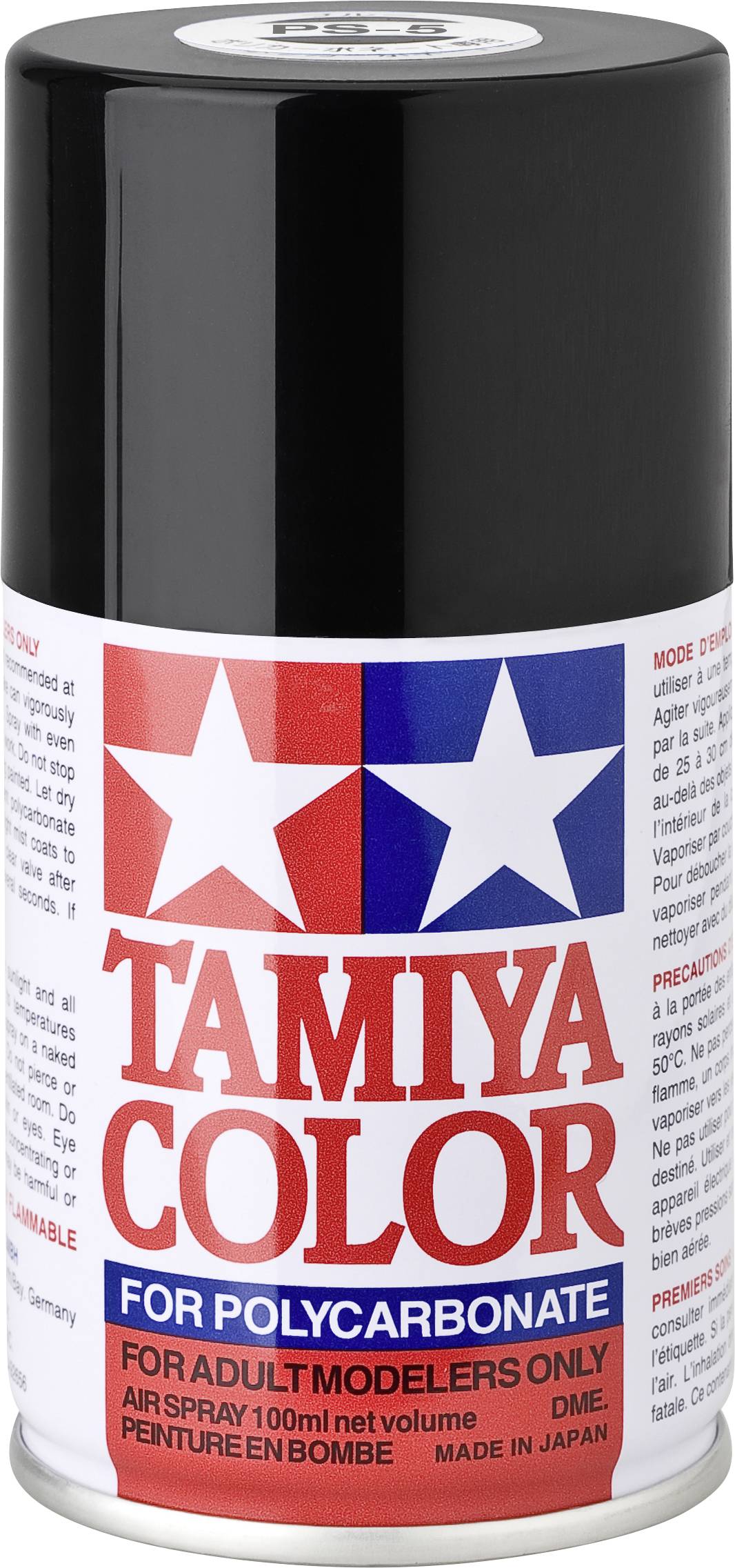 Sprühdose 'Tamiya Color' für Polycarbonat, 100 ml. Etikett zeigt roten und blauen Stern, Text in Rot und Blau. Nur für Erwachsene.