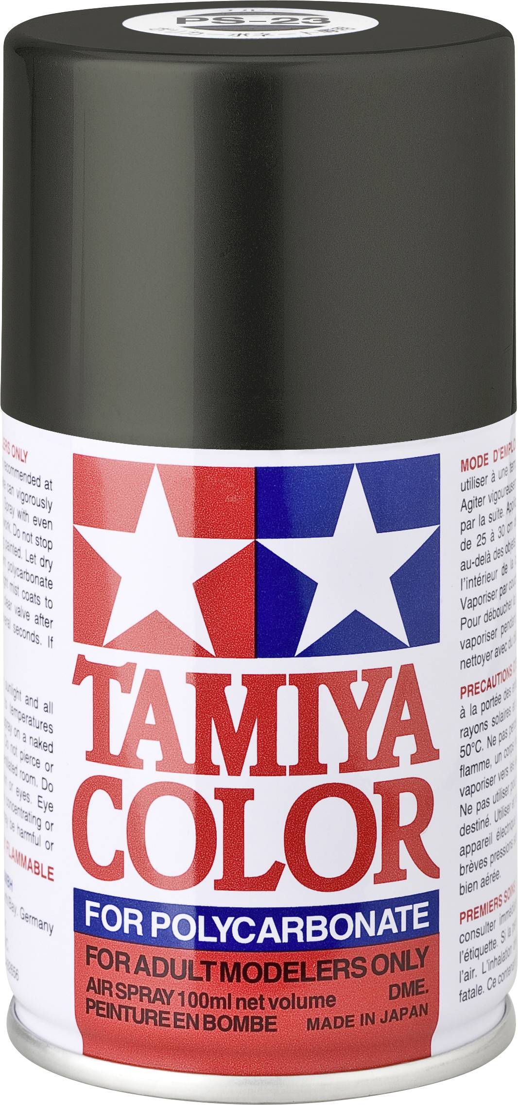 Schwarze Sprühdose 'Tamiya Color' für Polycarbonat. Aufschrift: 'For adult modelers only'. Enthält 100 ml. Made in Japan.