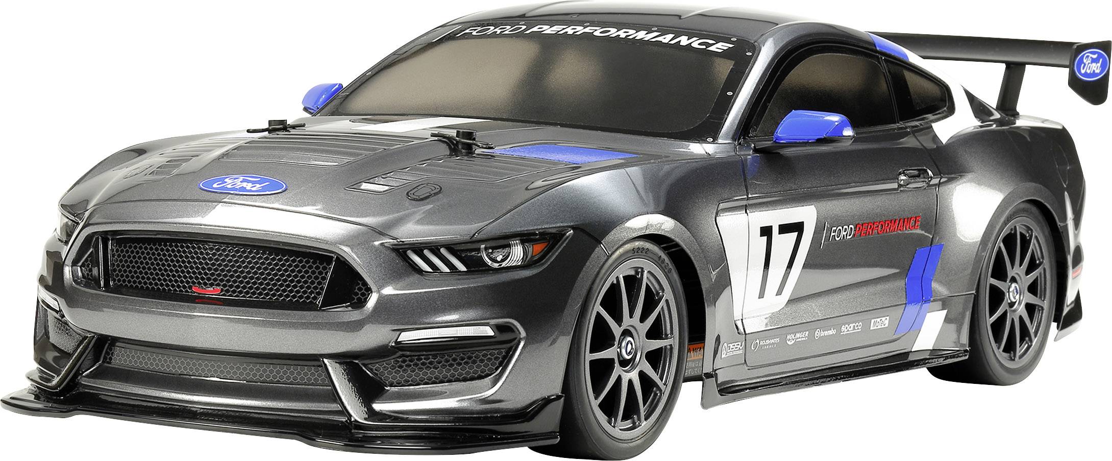 Graues Modellauto im Rennsportstil mit der Nummer 17 und blauen Akzenten. Sportliches Design mit markantem Heckspoiler.