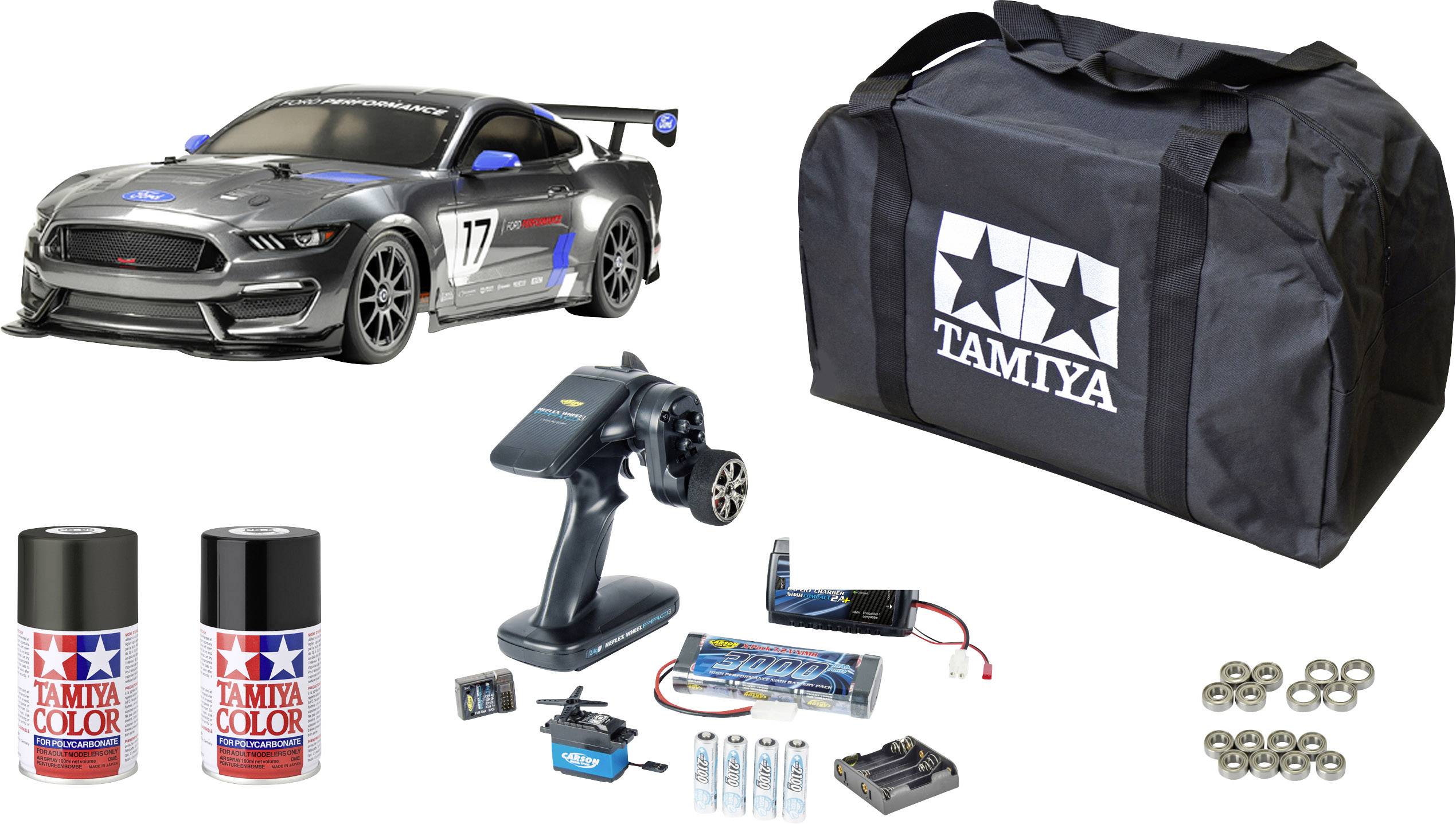 RC-Auto-Kit mit grauem Rennwagen, Fernbedienung, Akkus, Ladegerät, Farbsprays, Tragetasche mit TAMIYA-Logo, Kugellager.