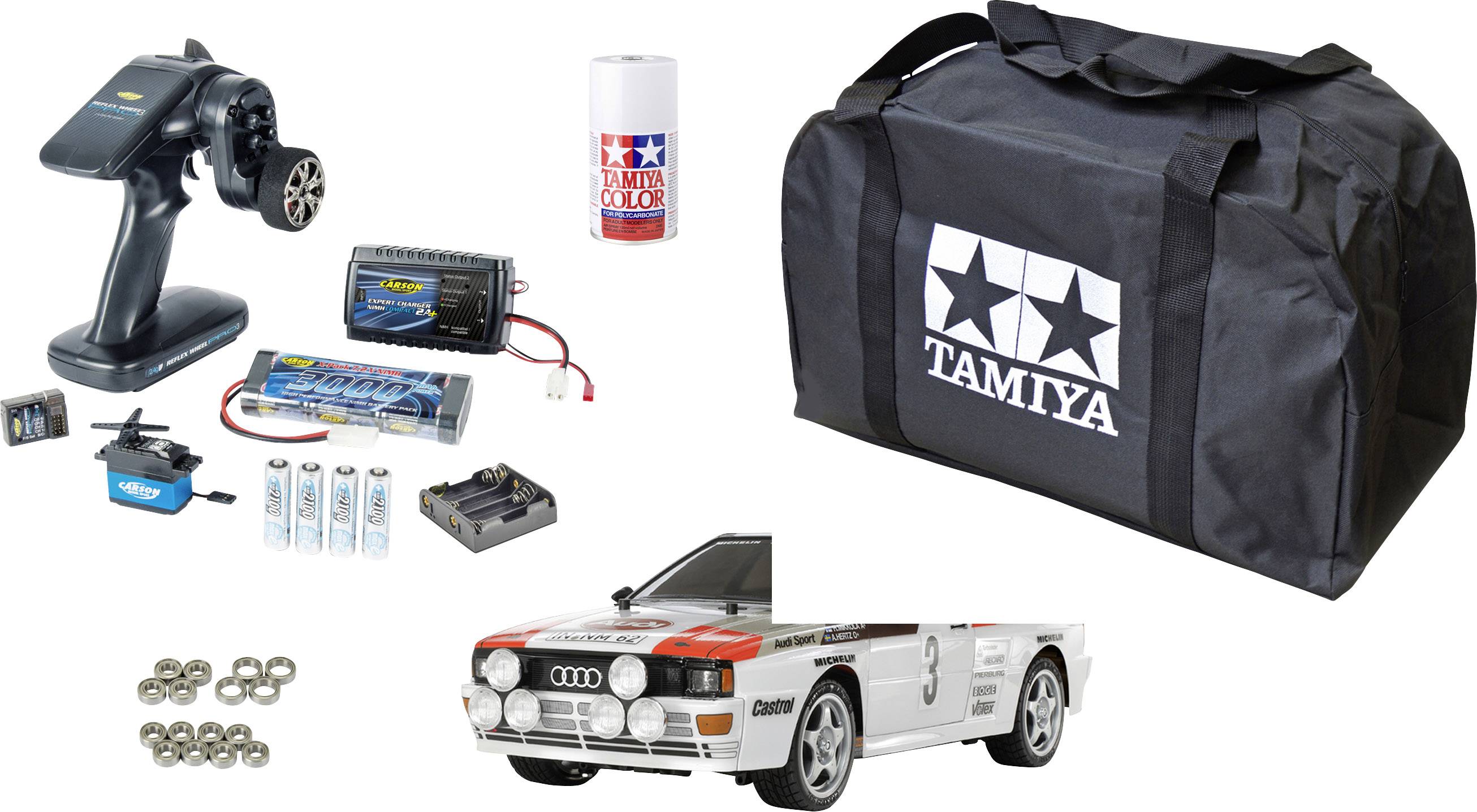 Ferngesteuertes Auto-Set mit Auto, Fernsteuerung, Batterien, Tragetasche und Zubehör. Ideal für Modellbau-Enthusiasten.