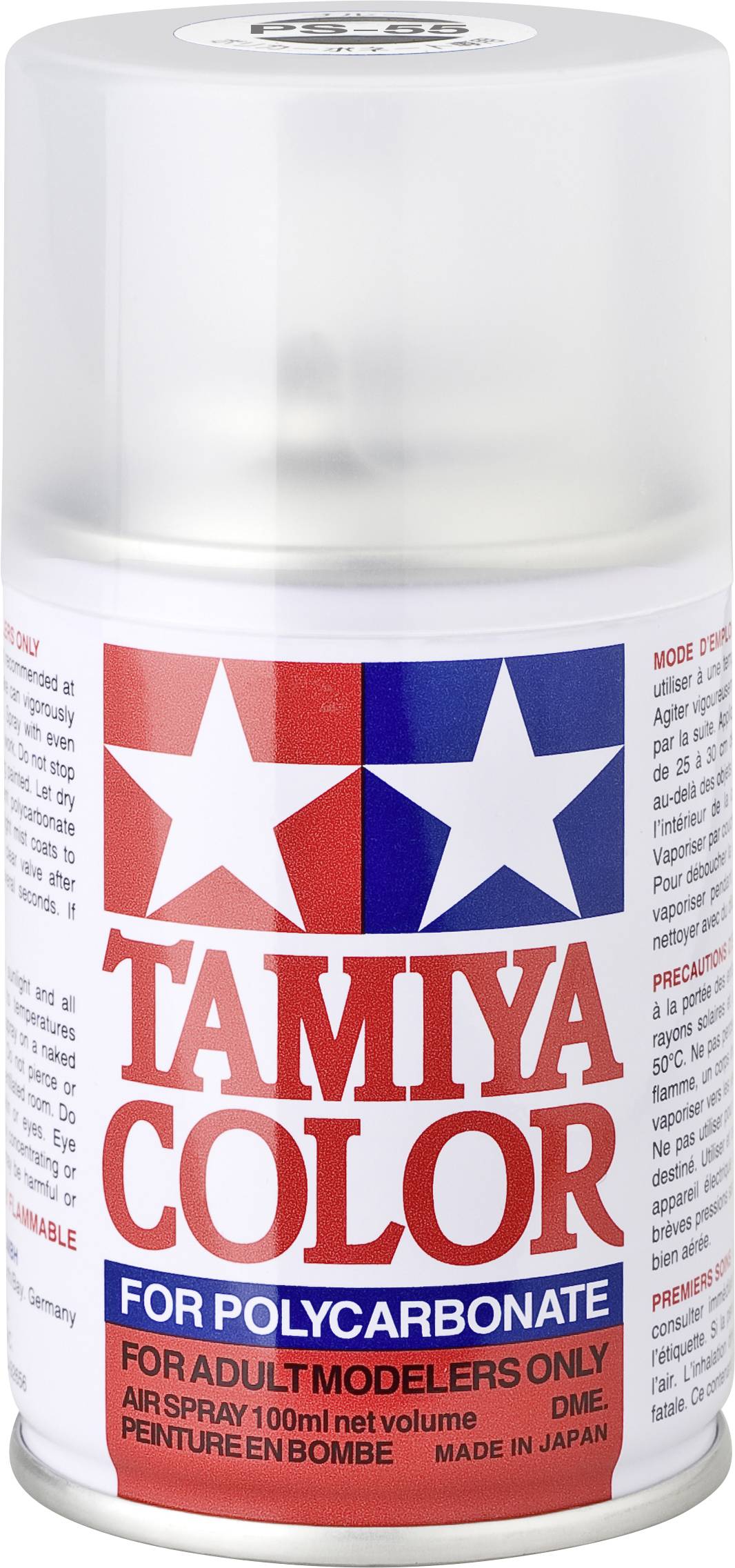 Sprühdose 'Tamiya Color' für Polycarbonat-Modelle, 100 ml, mit Anleitung auf Japanisch und Englisch. Enthält Warnhinweise für Erwachsene.