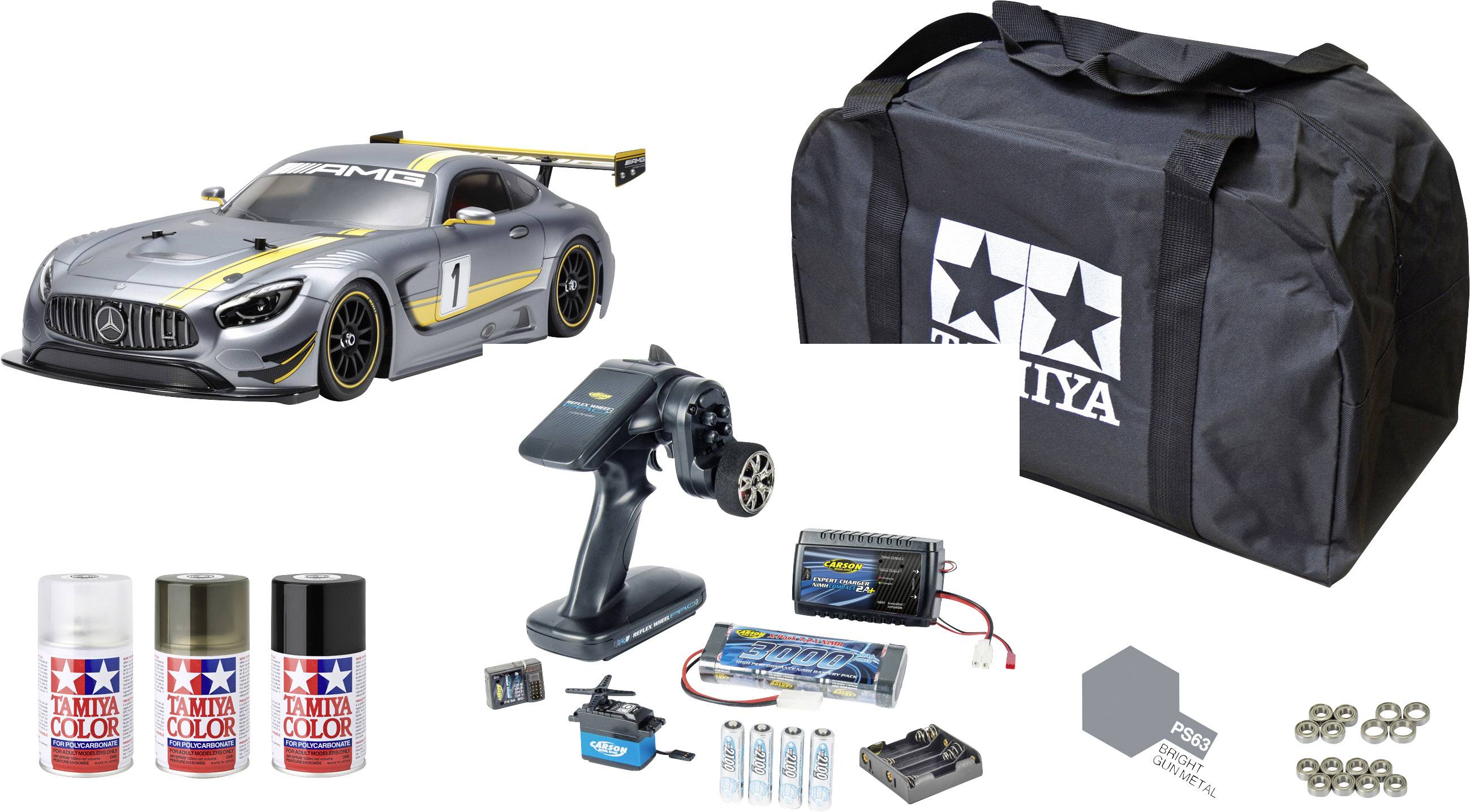 'RC Mercedes-AMG GT3 Modellset' mit ferngesteuertem Auto, Lackfarben, Fernbedienung, Akkus, Ladegerät, Zubehör und Tragetasche.