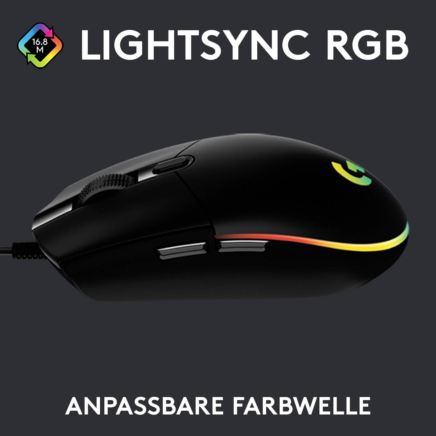 'Lightsync RGB: anpassbare Farbvielfalt' zeigt eine schwarze Computermaus mit buntem Lichtstreifen, betont individuelle Beleuchtung.