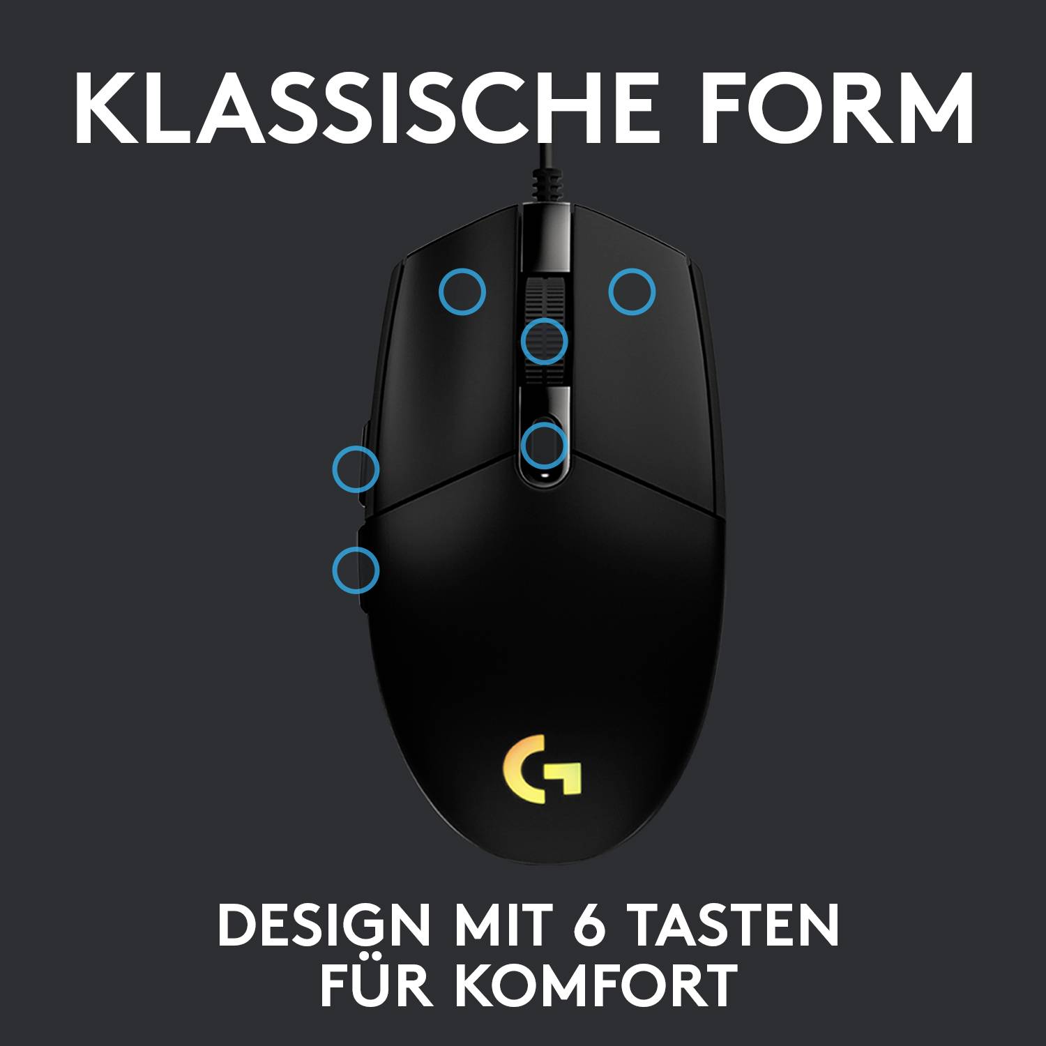 Schwarze Computermaus mit sechs Tasten und Kabel. Text oben: 'Klassische Form'. Unten: 'Design mit 6 Tasten für Komfort'.