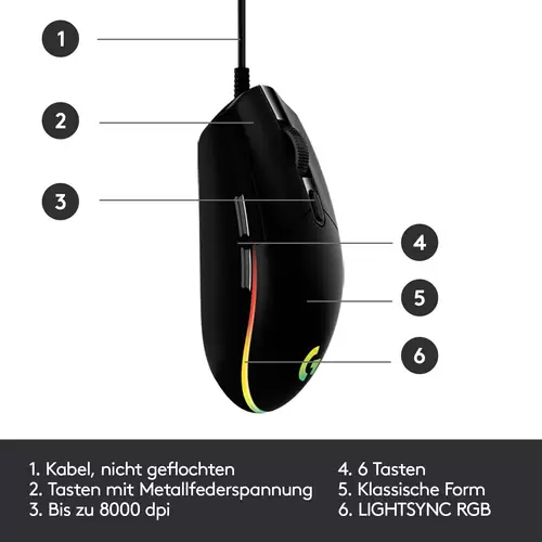Logitech Gaming G203 LIGHTSYNC Gaming-Maus USB Optisch Schwarz 6 Tasten 8000 dpi Logitech Gaming G203 LIGHTSYNC Gaming-Maus USB Optisch Schwarz 6 Tasten 8000 dpi