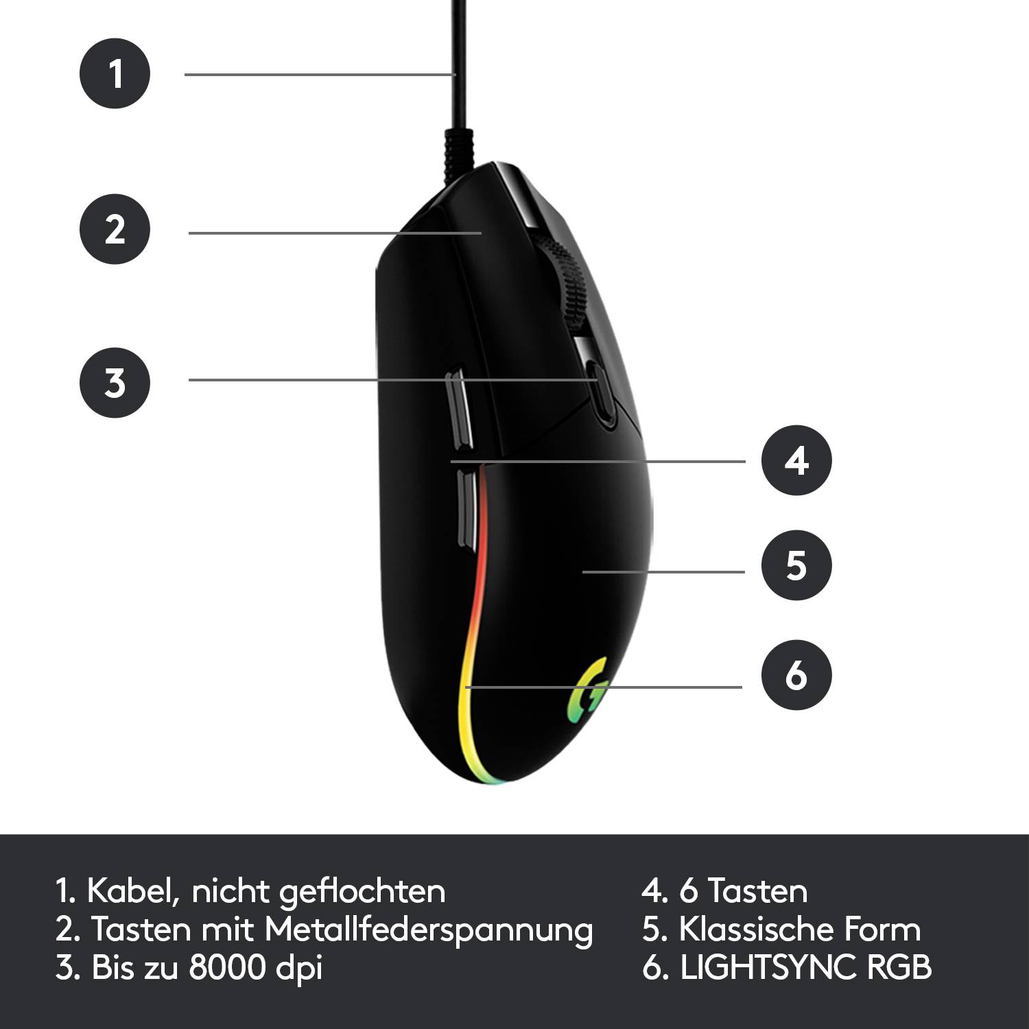 Schwarze Gaming-Maus mit Kabel. Merkmale: bis zu 8000 dpi, Tasten mit Metallfederspannung, 6 Tasten, LIGHTSYNC RGB-Beleuchtung.