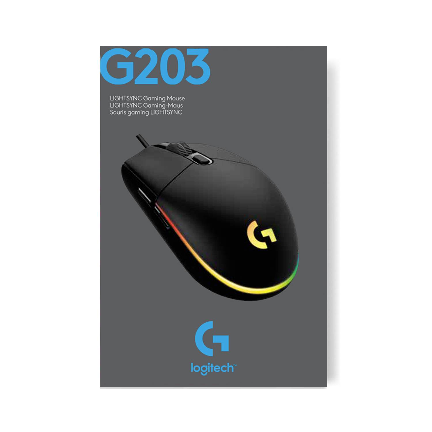 Eine Logitech G203 LIGHTSYNC Gaming-Maus in Schwarz mit RGB-Beleuchtung ist abgebildet. Verpackung mit Logo und Produktname sichtbar.