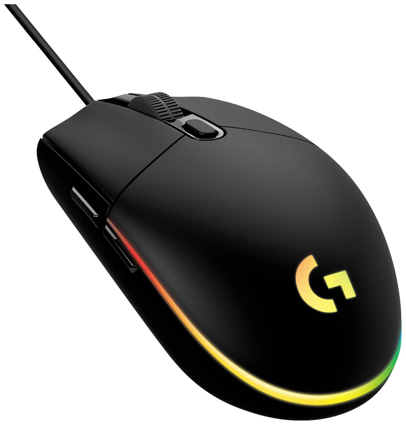 Schwarze Gaming-Maus mit RGB-Beleuchtung und Kabel, gezeigt in einer Perspektive.