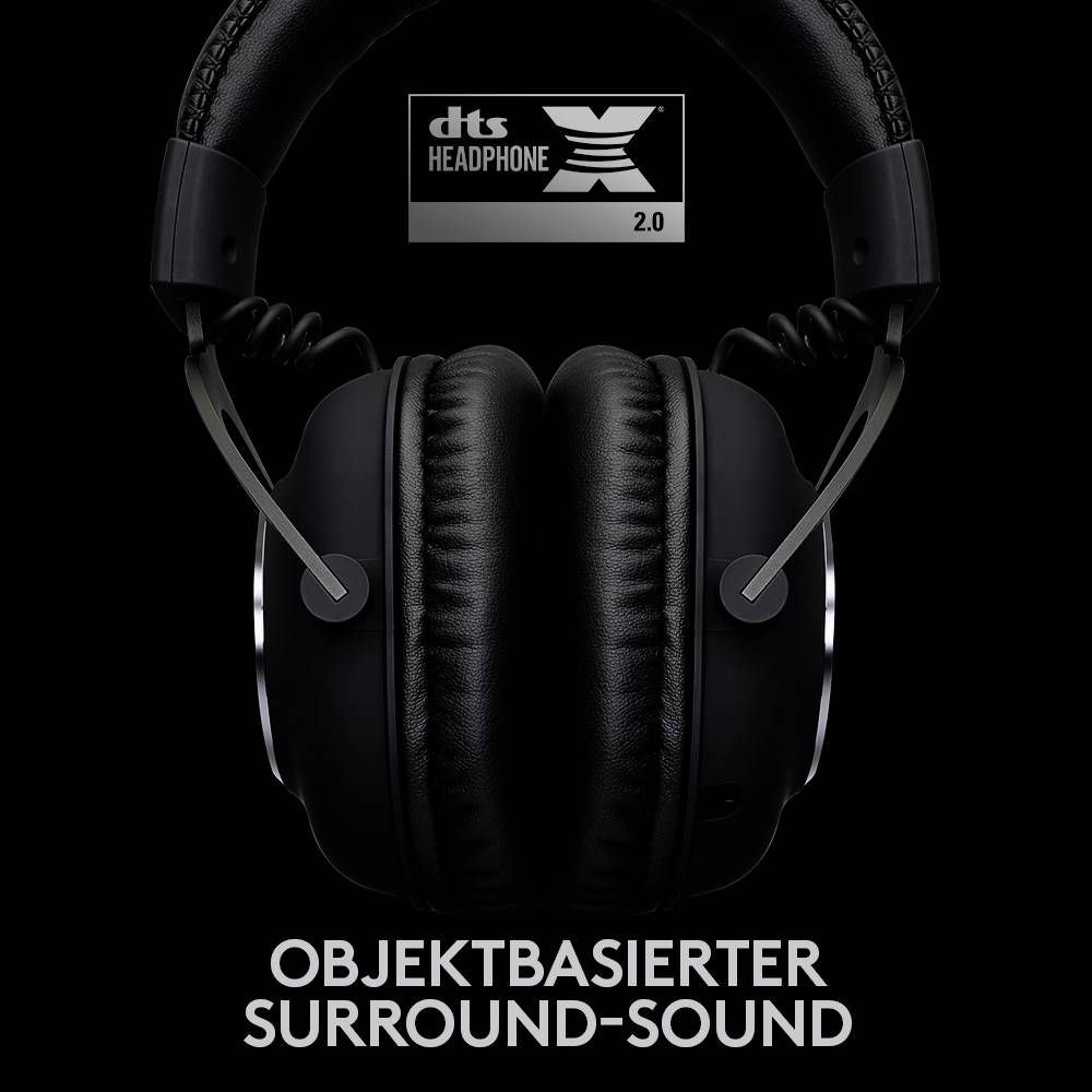 Kopfhörer mit der Aufschrift: 'dts Headphone X 2.0'. Darunter steht 'Objektbasierter Surround-Sound'.