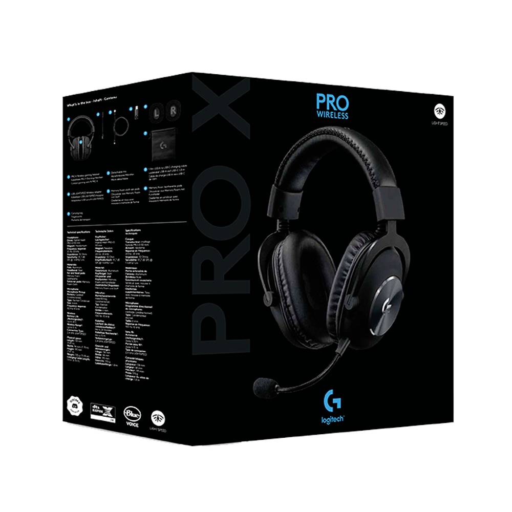 Die Abbildung zeigt die Verpackung eines Logitech PRO X Wireless Gaming-Headsets mit abnehmbarem Mikrofon und schwarzen Ohrpolstern.