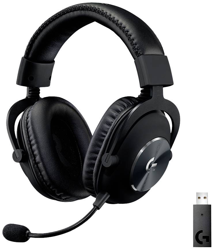 Kopfhörer mit Mikrofon, schwarz, aus Leder und Metall, inklusive USB-Empfänger; geeignet für Gaming und Kommunikation.