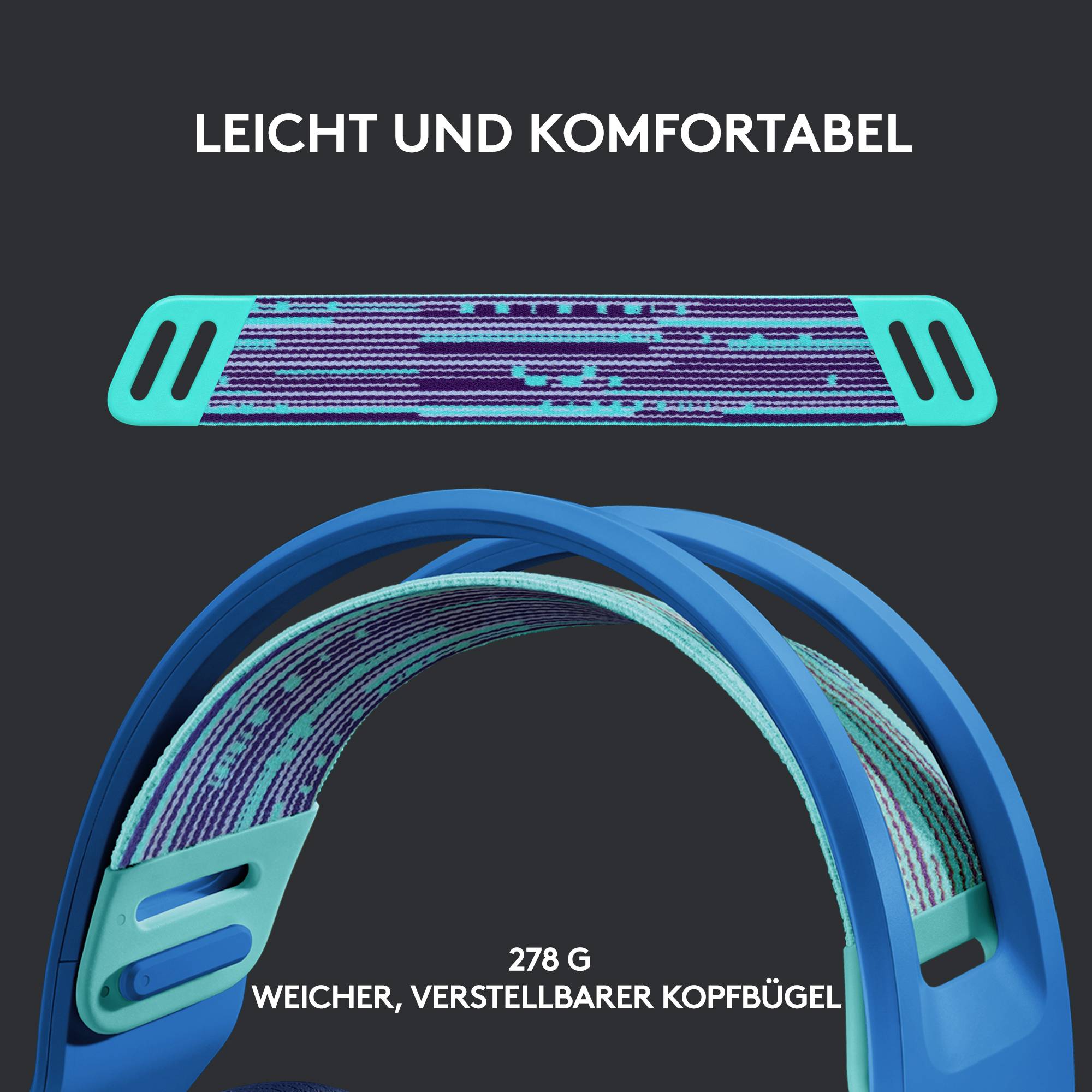 'Leicht und komfortabel' in großen Buchstaben über einem türkis-lila Kopfbügel, der für Leichtigkeit (278 g) und Anpassbarkeit wirbt.