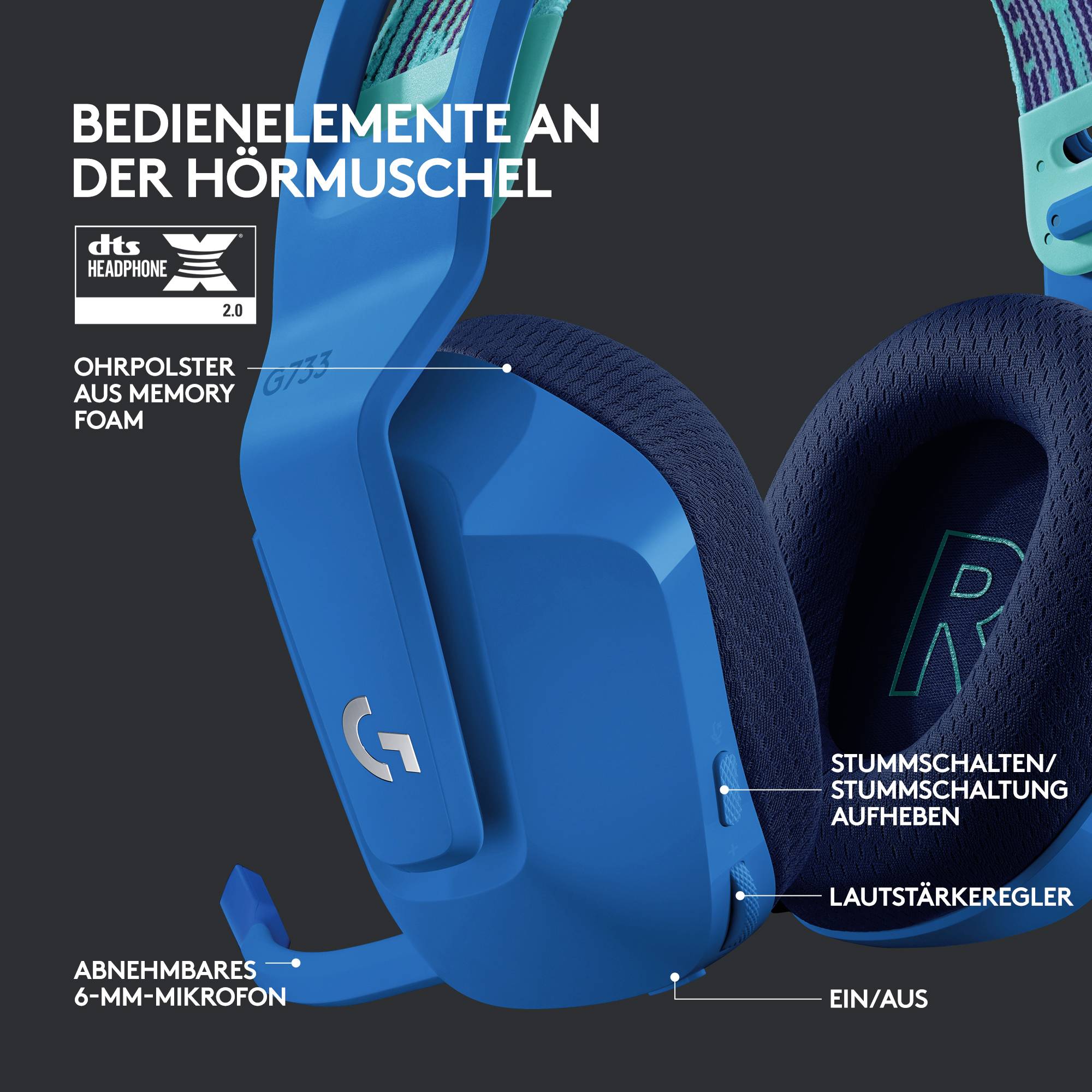 Logitech Gaming G733 LIGHTSPEED On Ear Headset Funk 7.1 Surround Blau Lautstärkeregelung Gaming