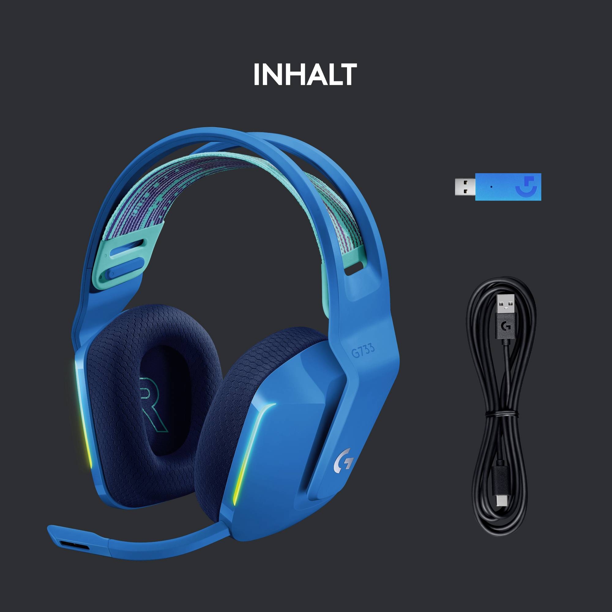 Kabelloses Gaming-Headset in Blau mit Mikrofon und RGB-Beleuchtung. Mit USB-Dongle und Ladekabel. Modell GT35.