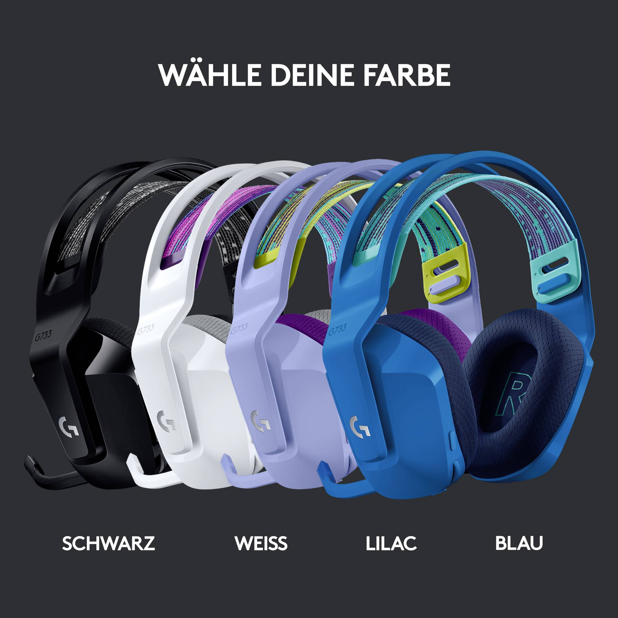 Headsets in vier Farben (Schwarz, Weiß, Lila, Blau) nebeneinander. Text darüber: 'Wähle deine Farbe'.