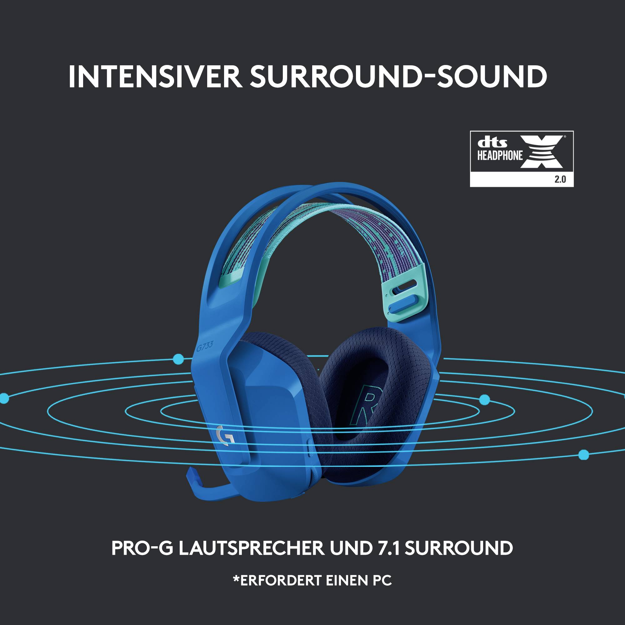Logitech Gaming G733 LIGHTSPEED On Ear Headset Funk 7.1 Surround Blau Lautstärkeregelung Gaming