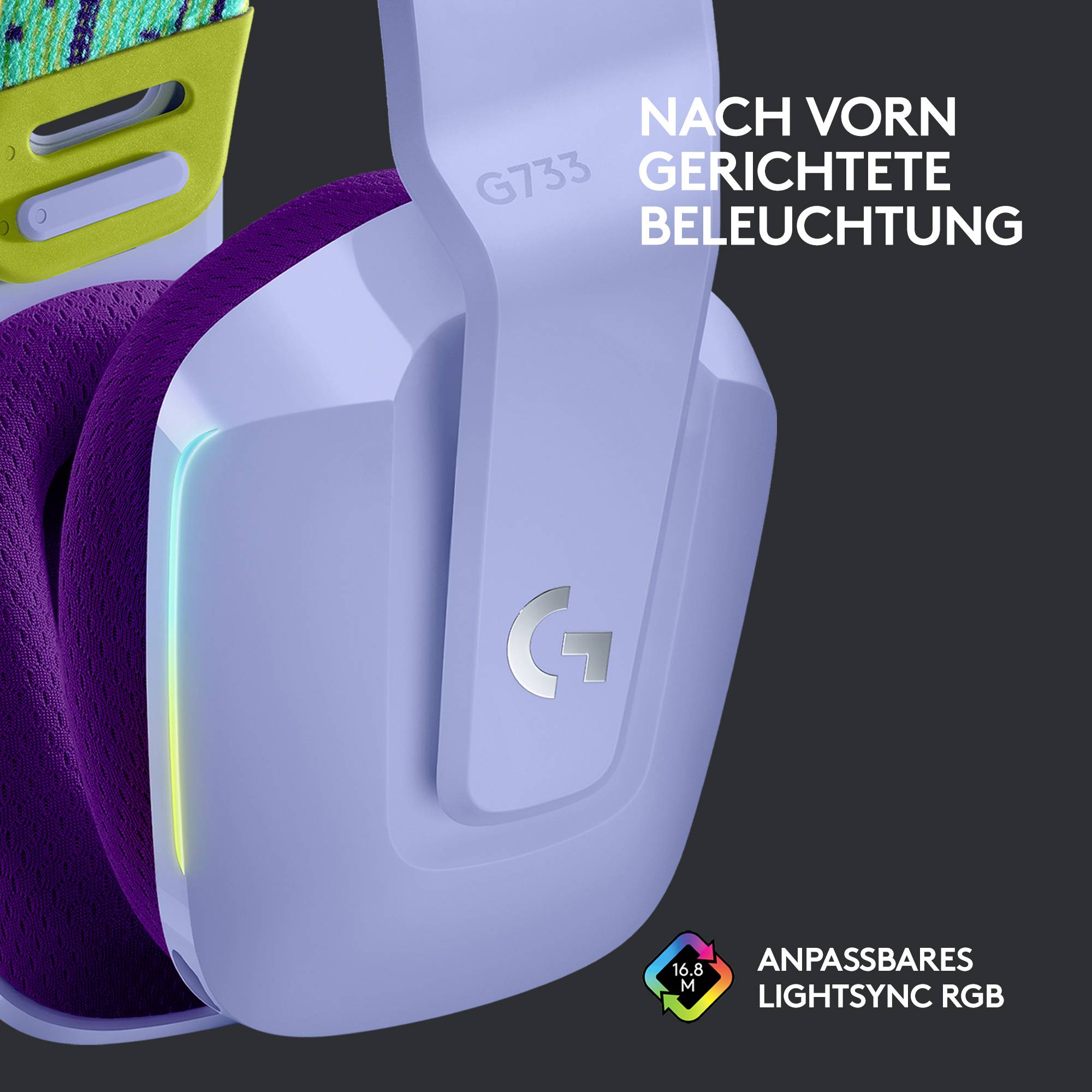 Logitech Gaming G733 LIGHTSPEED On Ear Headset Funk 7.1 Surround Lila Lautstärkeregelung Gaming