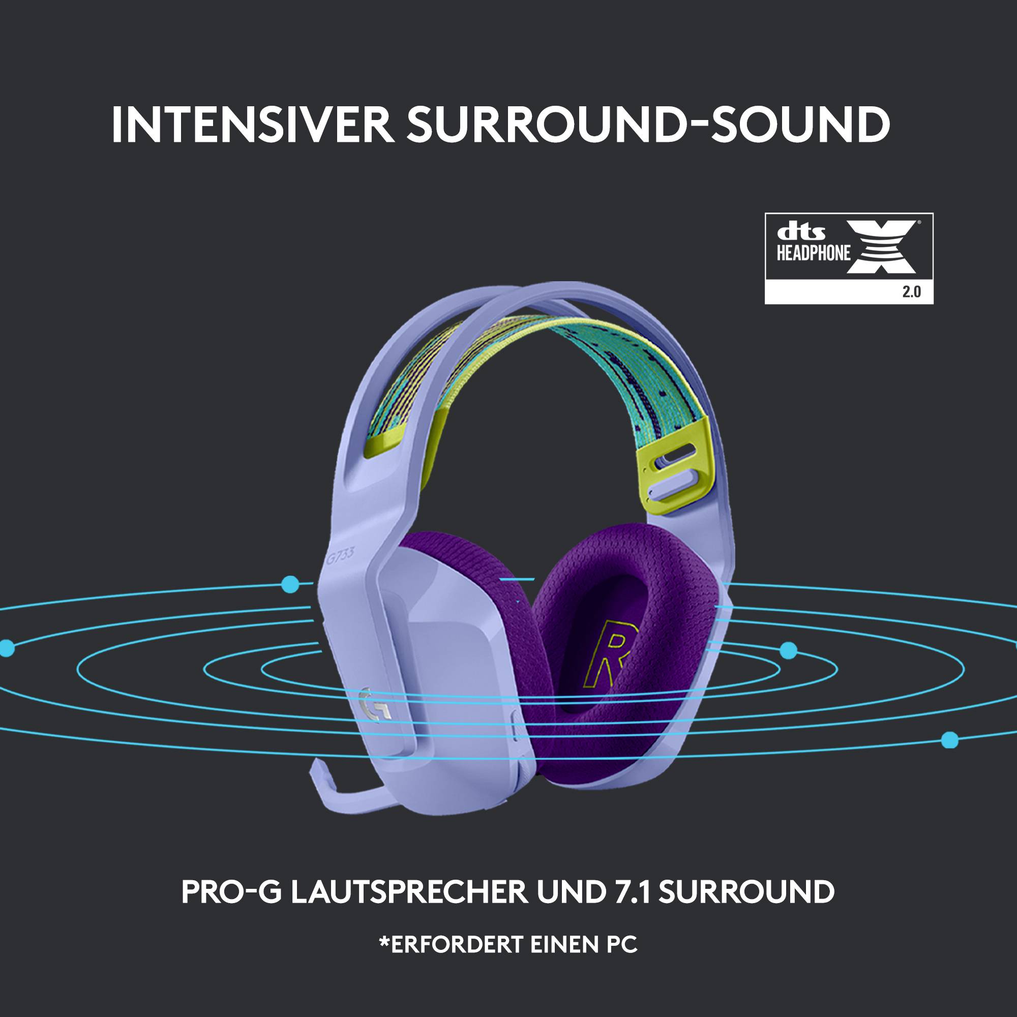 Logitech Gaming G733 LIGHTSPEED On Ear Headset Funk 7.1 Surround Lila Lautstärkeregelung Gaming