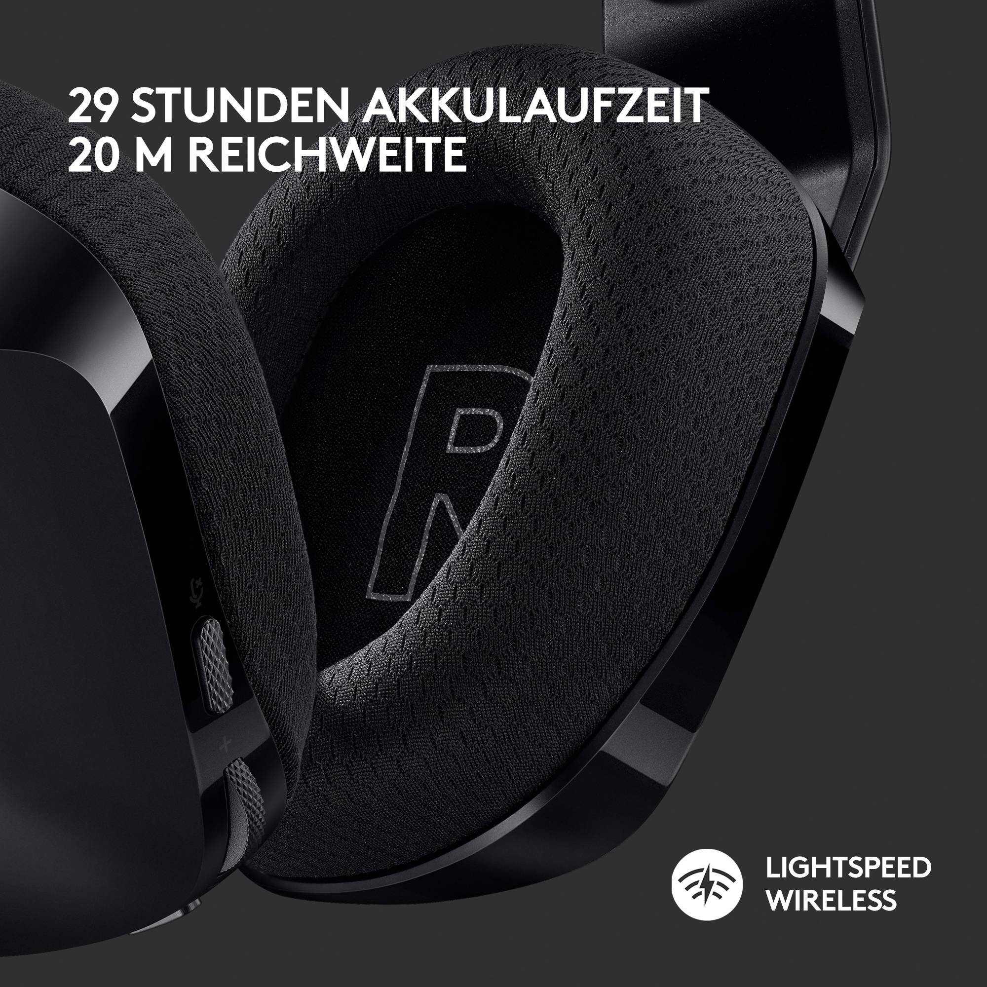Kopfhörer mit Funktionen: '29 Stunden Akkulaufzeit, 20 m Reichweite', Logo für Lightspeed Wireless-Technologie.