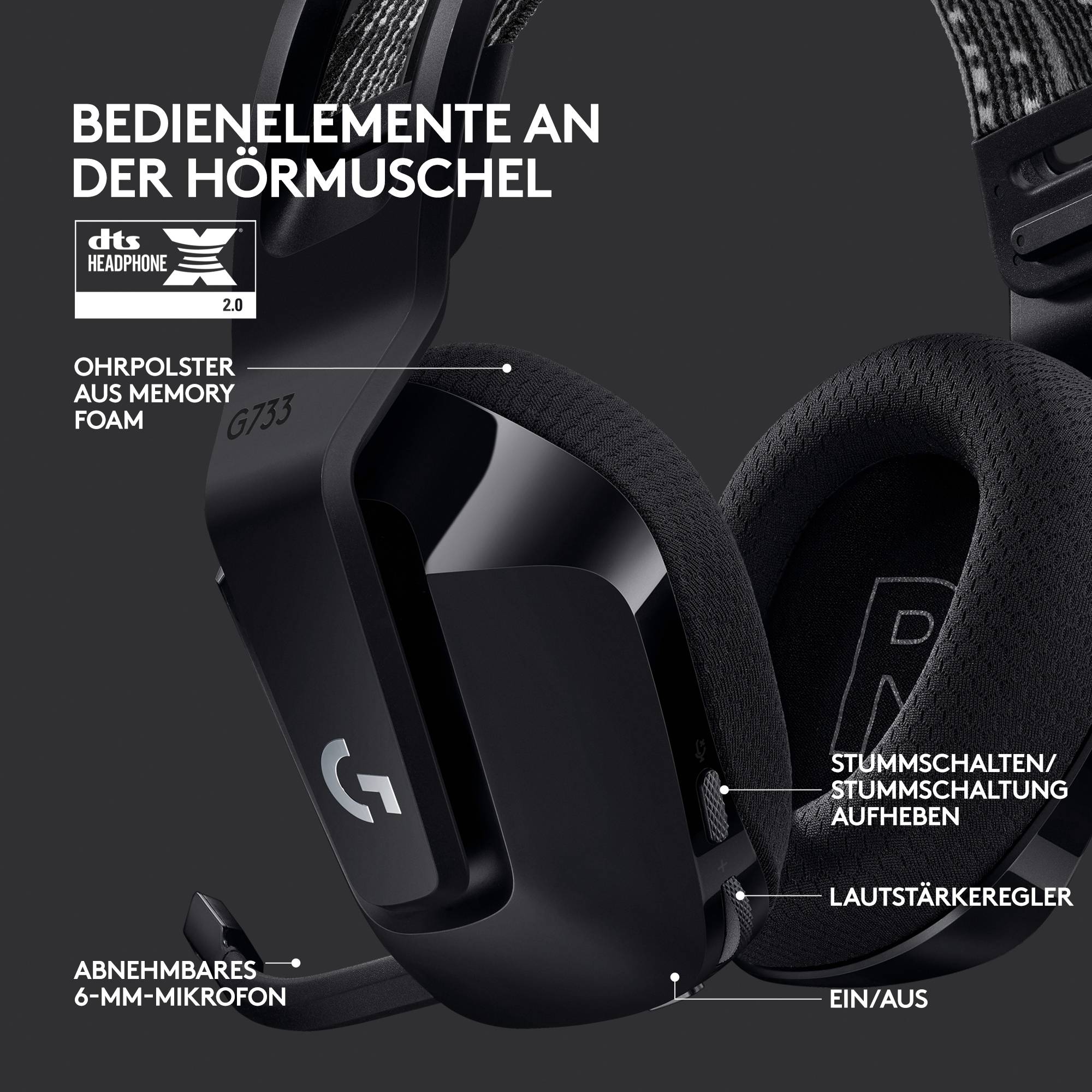 Kopfhörer mit Bedienelementen an der Ohrmuschel: Lautstärkeregler, Stummschaltung, 6-mm-Mikrofon. Umgeben von Schaumstoff.