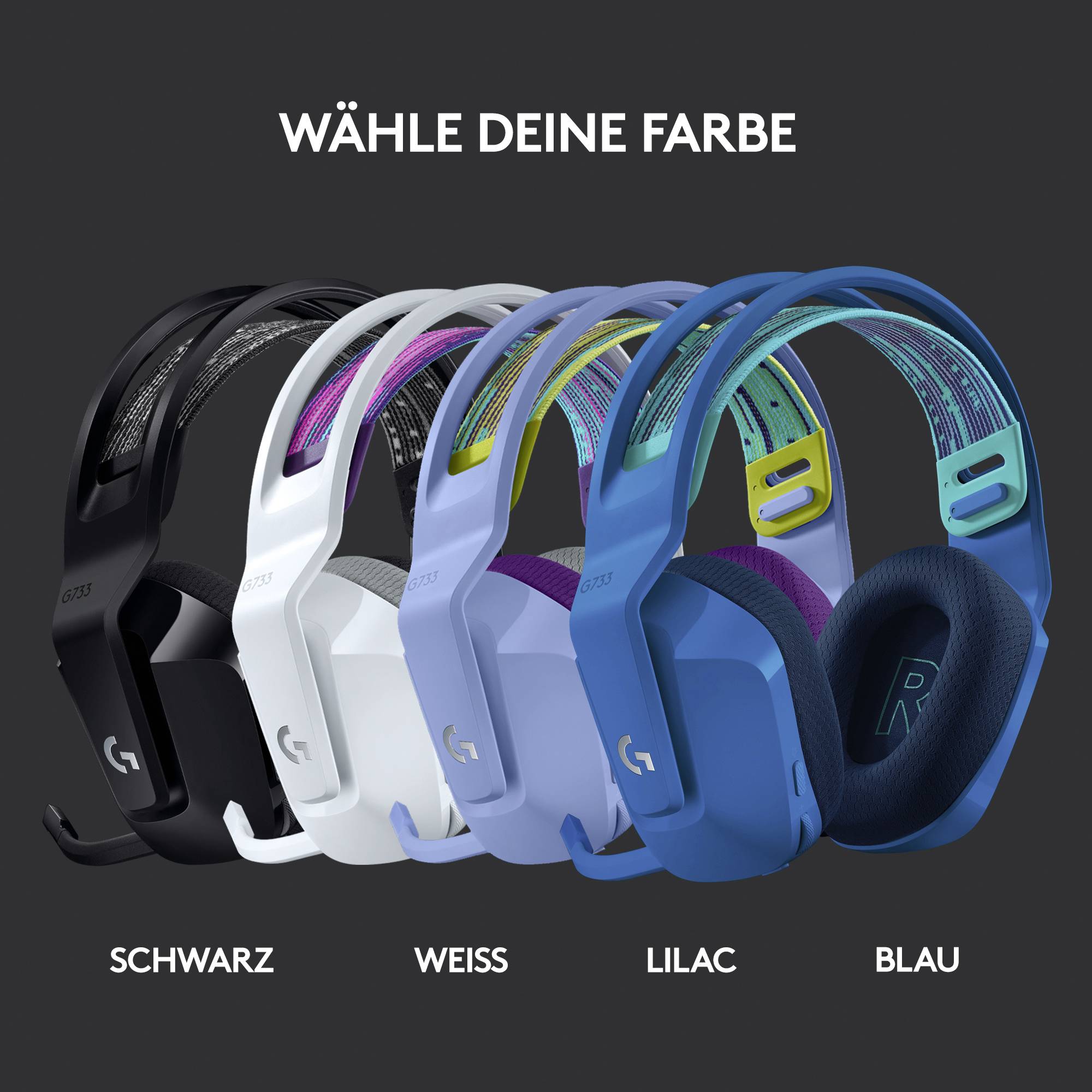 Vier Gaming-Headsets nebeneinander: schwarz, weiß, lila und blau. Oben steht 'Wähle deine Farbe'.