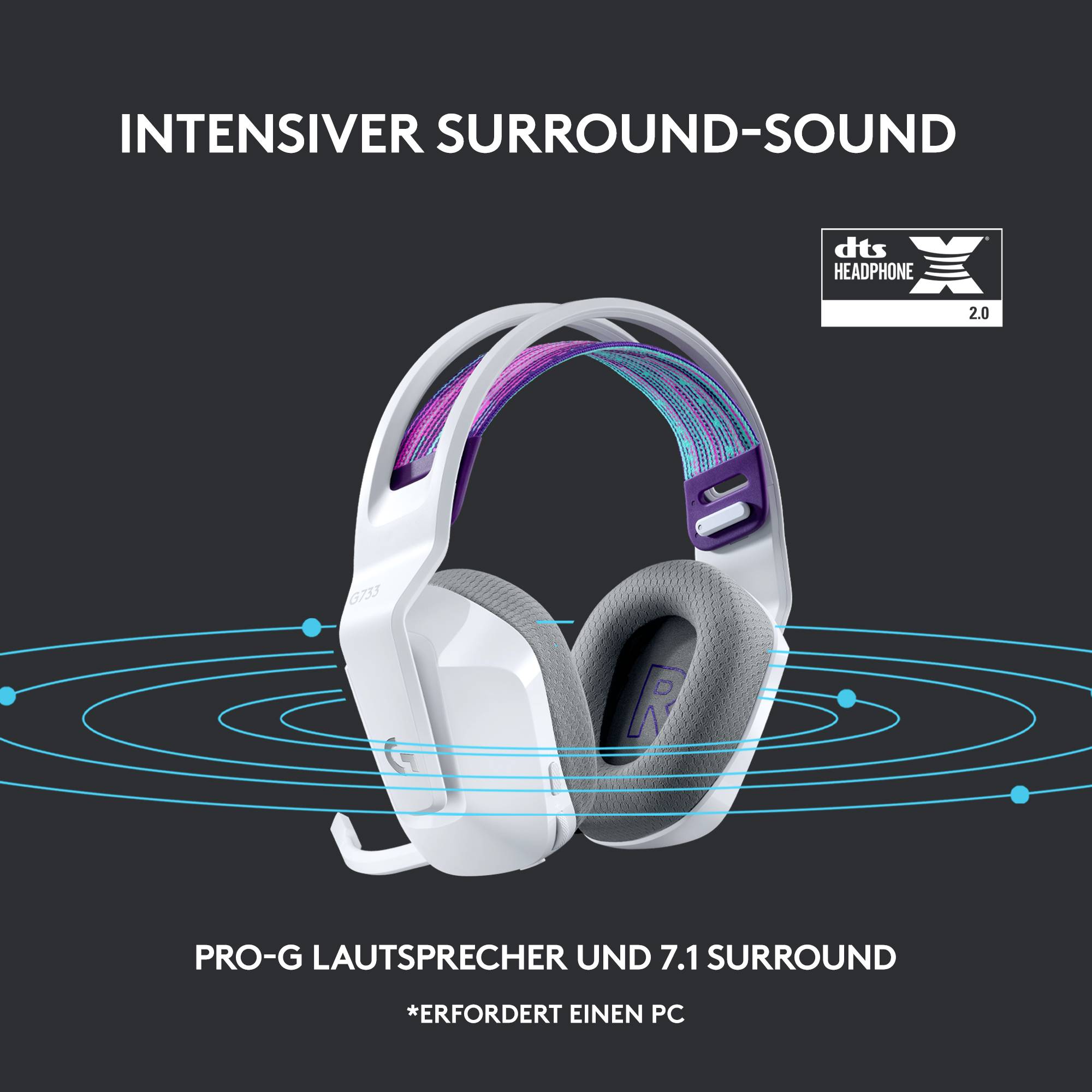 Logitech Gaming G733 LIGHTSPEED On Ear Headset Funk 7.1 Surround Weiß Lautstärkeregelung Gaming