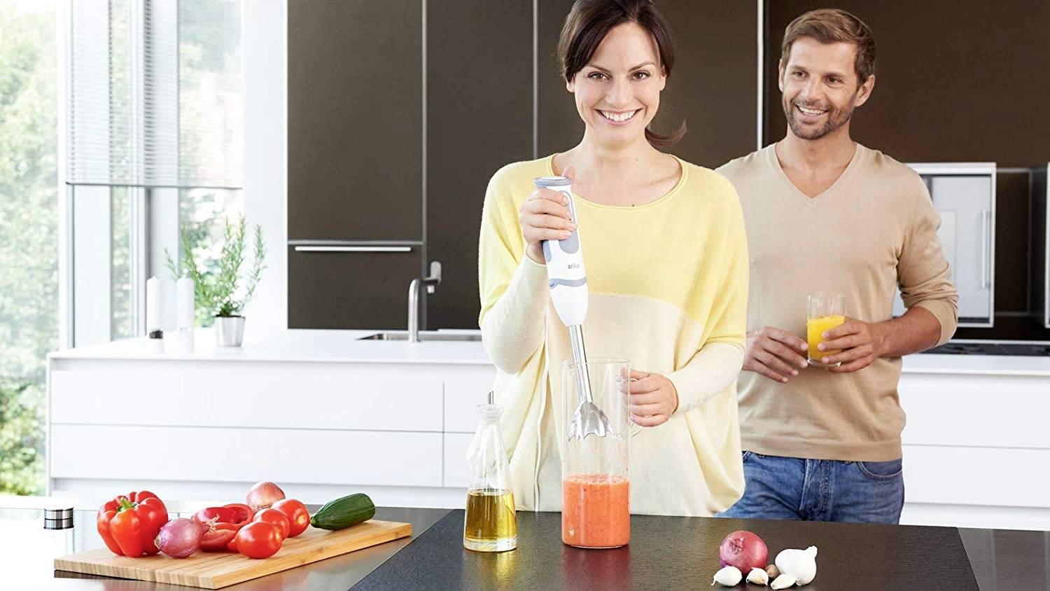 Braun MultiQuick 5 Vario Stabmixer 1000 W mit Messbecher, mit Zerkleinereraufsatz, mit Stabmixaufsatz Grau, Weiß