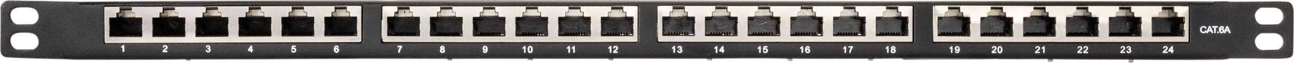 Patchpanel mit 24 Ports zur Netzwerkverkabelung. Jeder Port ist nummeriert und hilft bei der Organisation und Verbindung von Netzwerkkabeln.