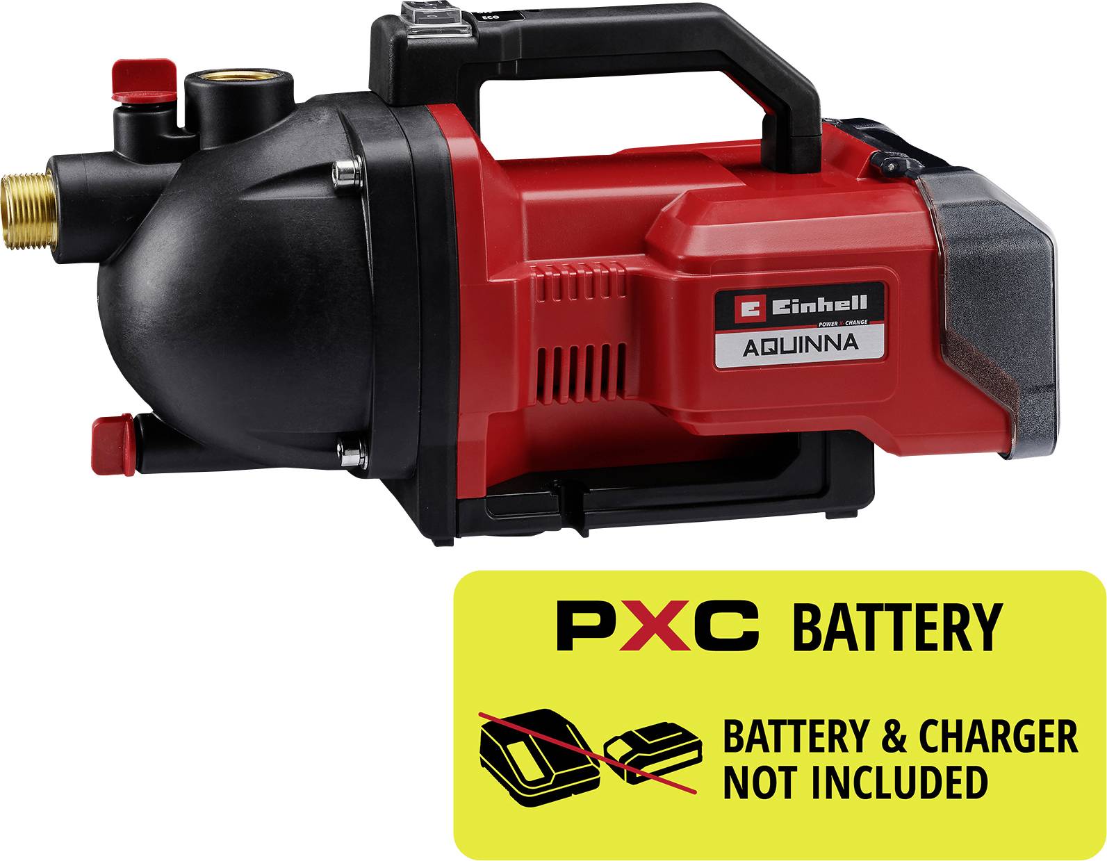 Rote und schwarze kabellose Wasserpumpe Einhell AQUINNA mit Griff; gelbes Etikett zeigt „PXC BATTERY