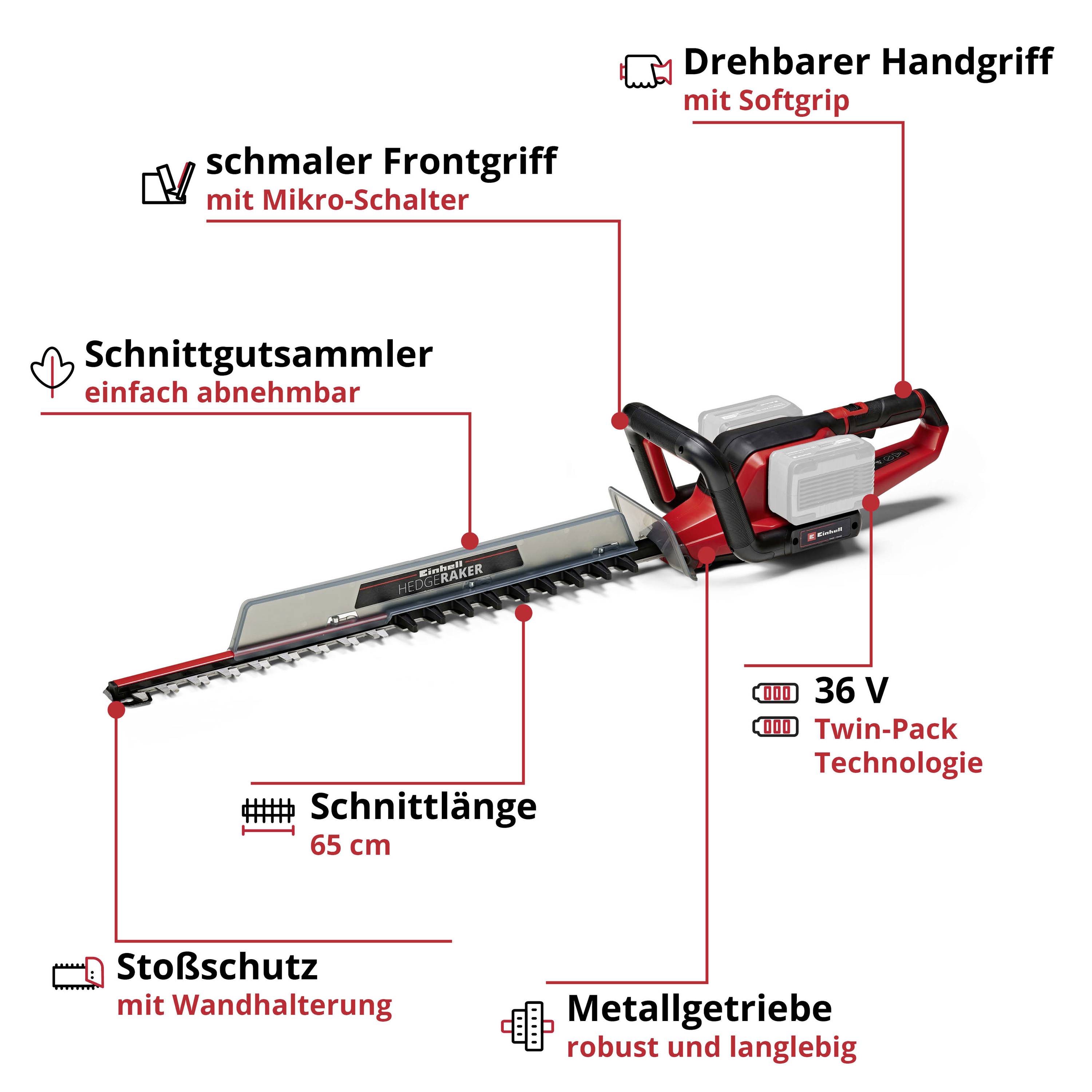 Eine Kettensäge mit 65 cm Schnittlänge, drehbarem Handgriff und stoßgeschütztem Rahmen. Ausgestattet mit 36 V Twin-Pack Technologie.
