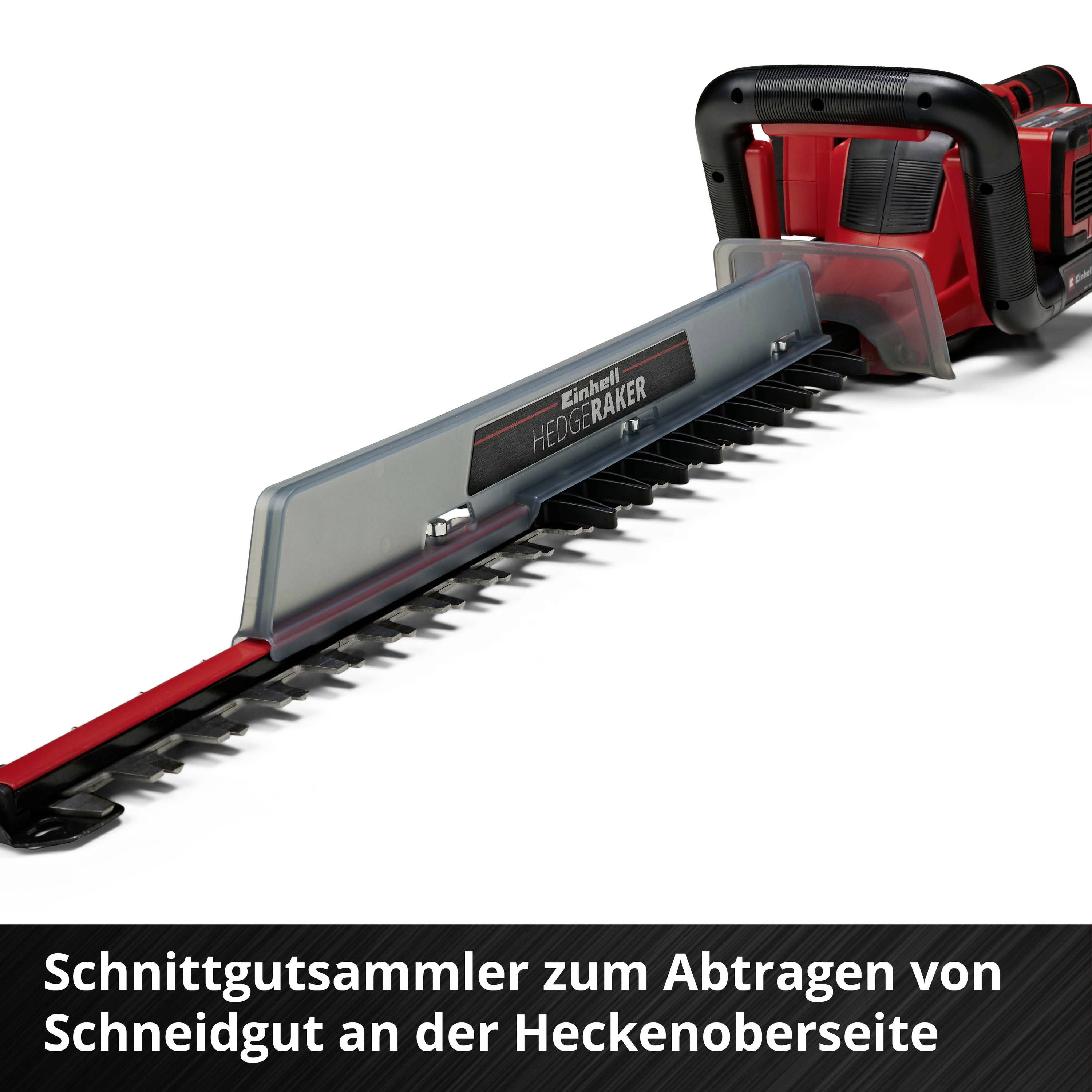 Heckenschere mit integriertem Schnittgutsammler, der das Abtragen von Schnittgut an der Heckenoberseite erleichtert.