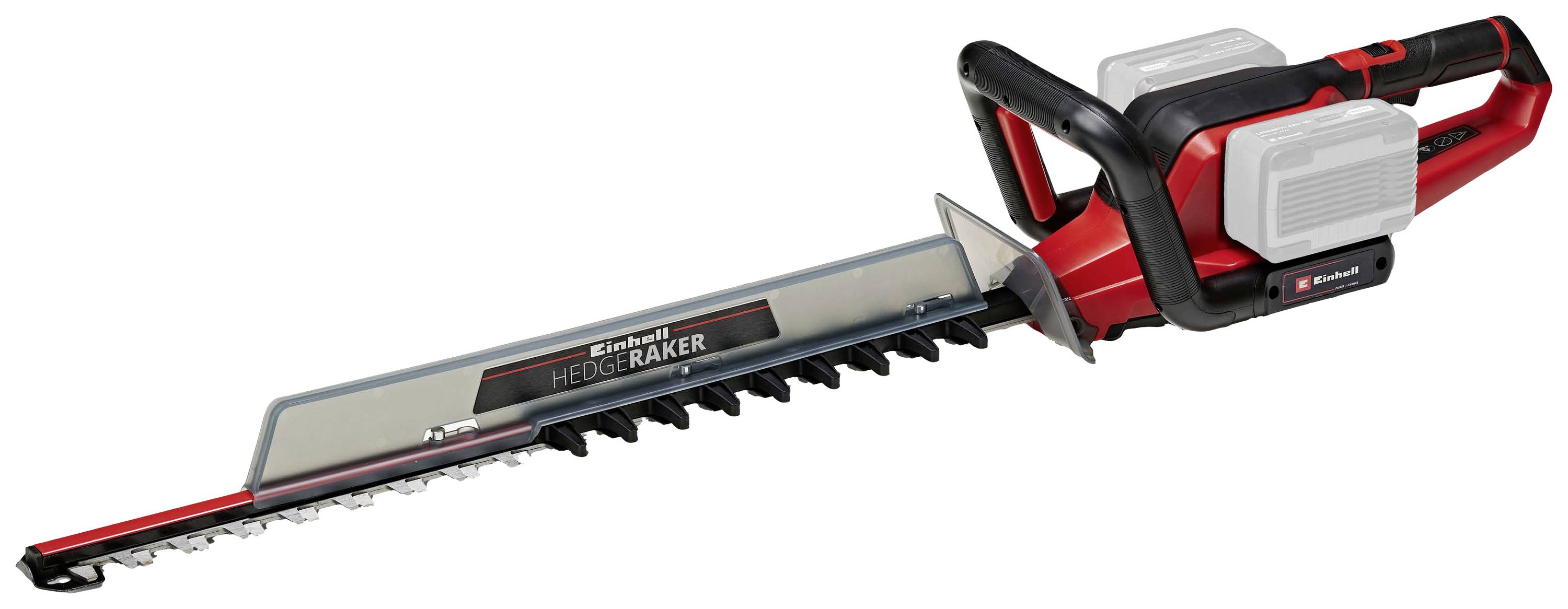 Ein roter, akkubetriebener Heckenschneider mit schwarzem Griff und silberner Klinge, geeignet für das Schneiden von Hecken im Garten.