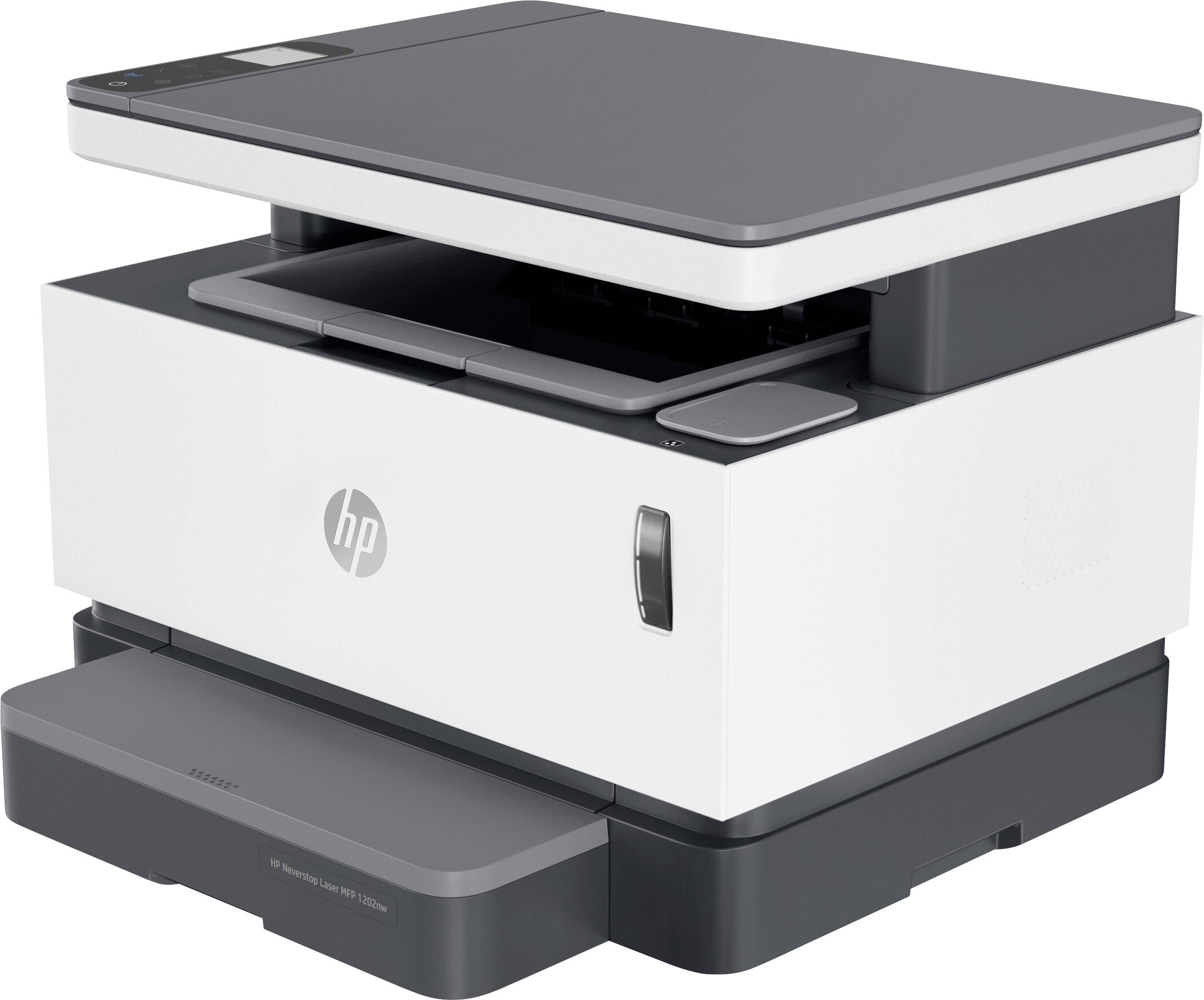 HP Neverstop Laser MFP 1202nw Schwarzweiß Laser Multifunktionsdrucker A4 Drucker, Scanner, Kopierer Toner-Nachfüllsystem, LAN, WLAN