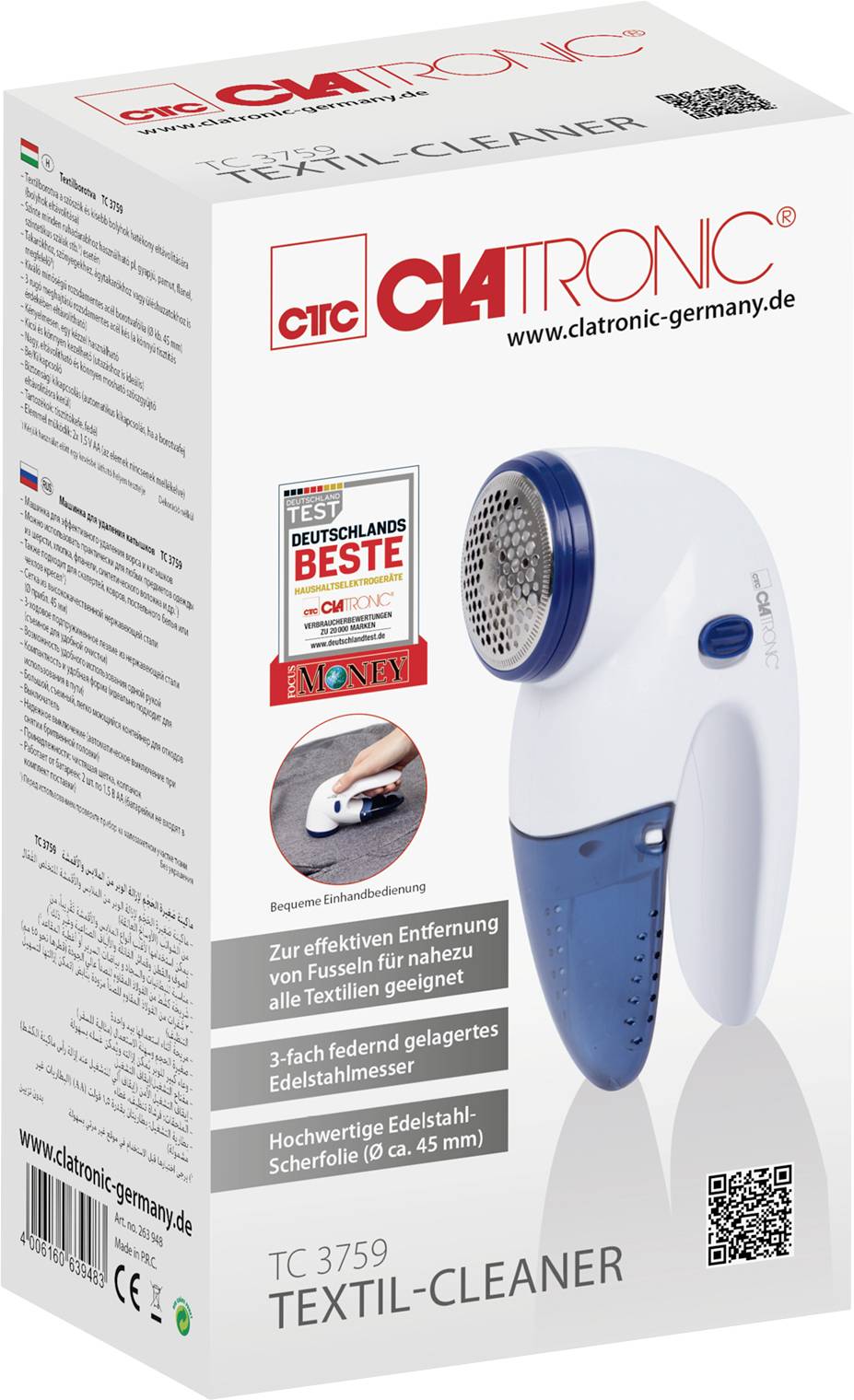 Textil-Cleaner-Verpackung mit Bild des Geräts. Es entfernt Fussel von Textilien. Auszeichnungen: Testsieger 'DEUTSCHLANDS BESTE'.