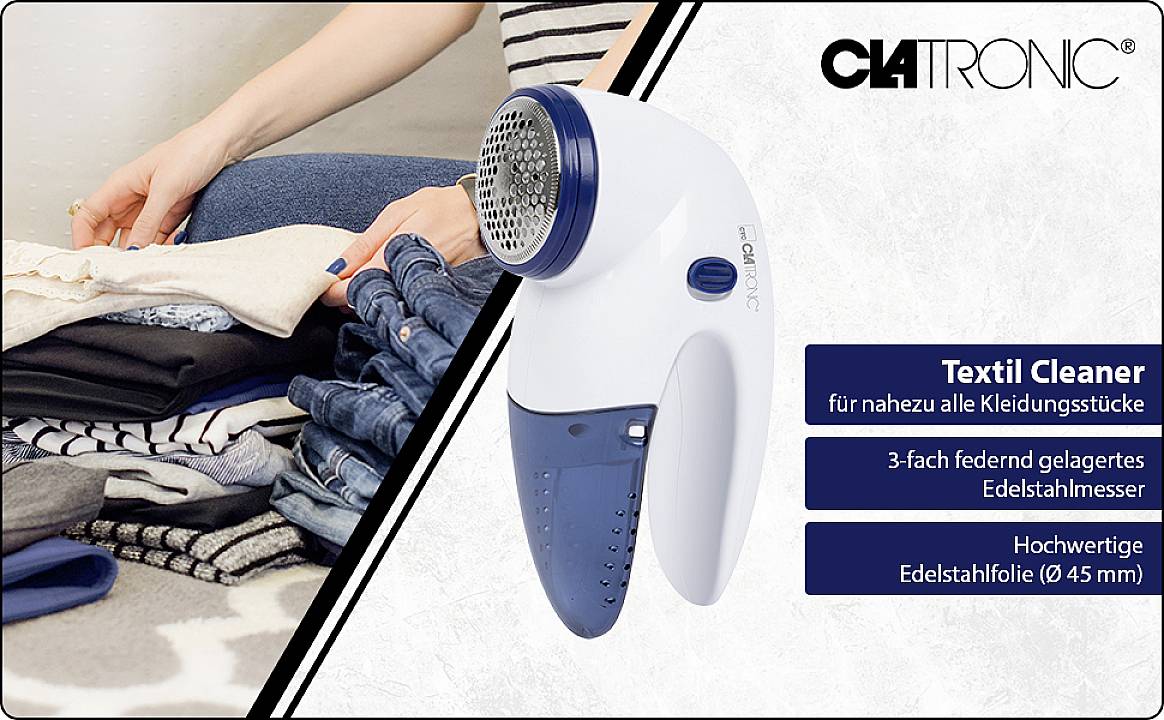 Elektrischer Fusselrasierer in der Hand, neben einem Stapel gefalteter Kleidung. Text: 'Textil Cleaner für nahezu alle Kleidungsstücke'.