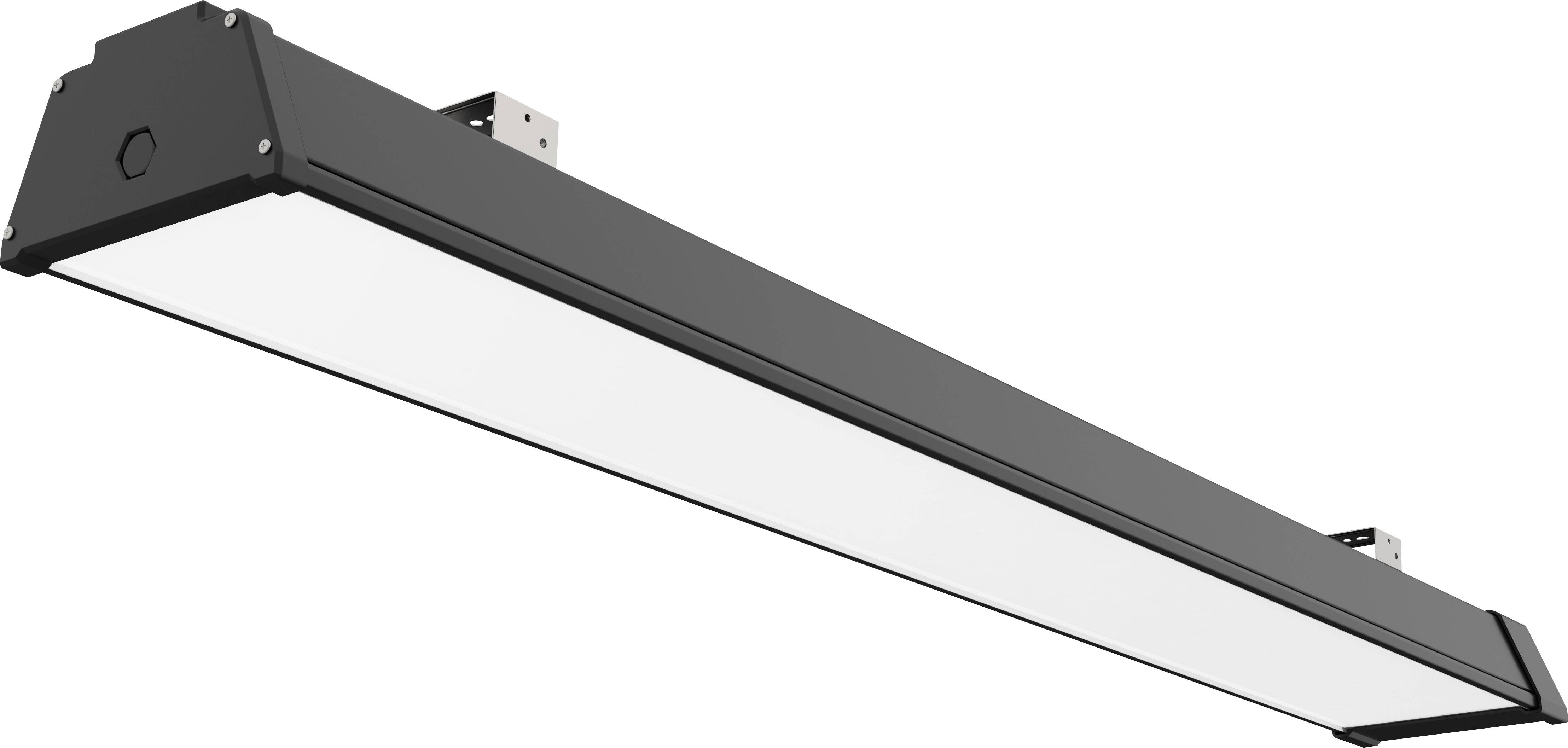 Längliche LED-Leuchte mit schwarzem Metallrahmen, geeignet für Deckenmontage in großen Räumen wie Garagen oder Lagerhallen.