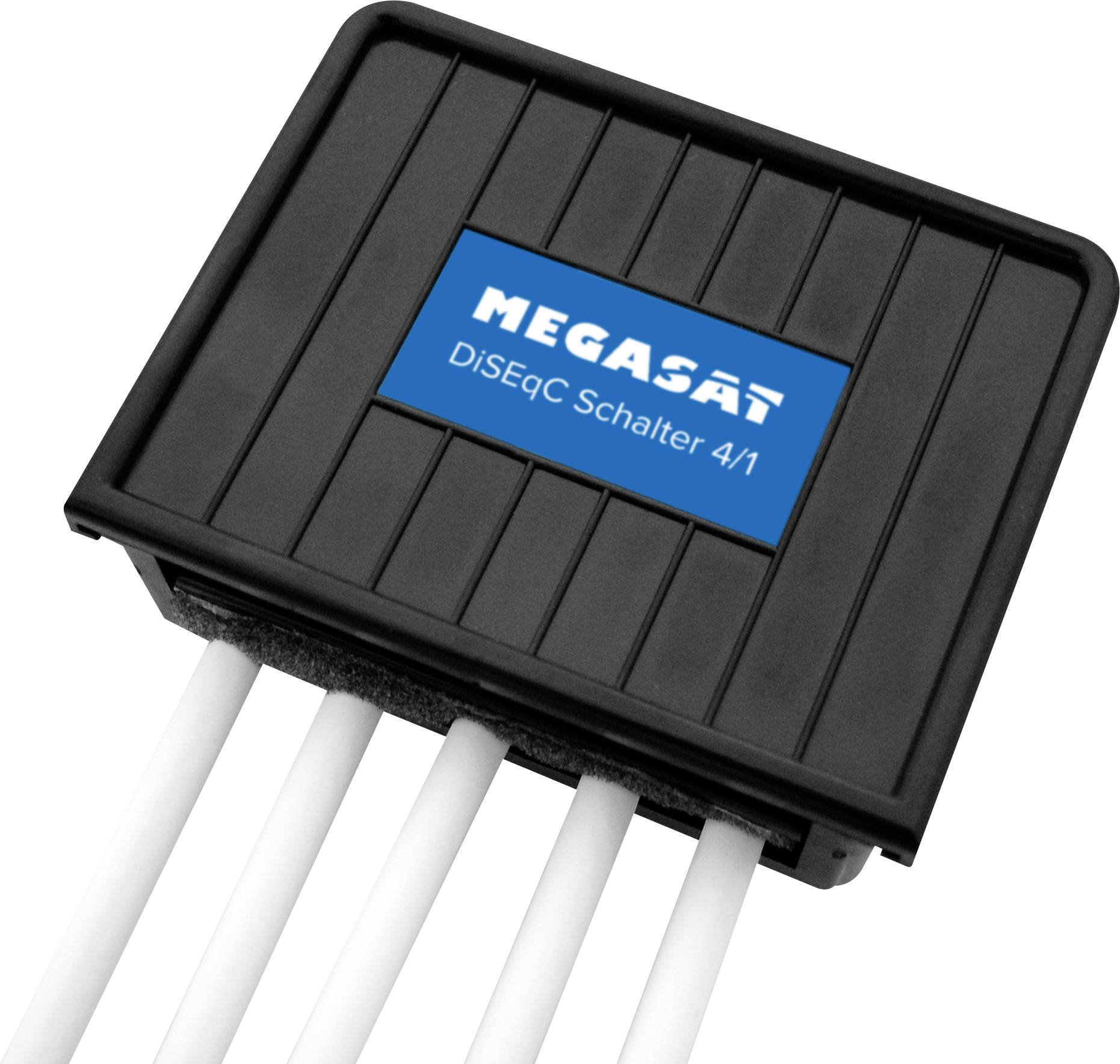 Schwarzer Megasat DiSEqC-Schalter 4/1 mit Anschlusskabeln, ermöglicht den Empfang von bis zu vier Satelliten über einen Receiver.