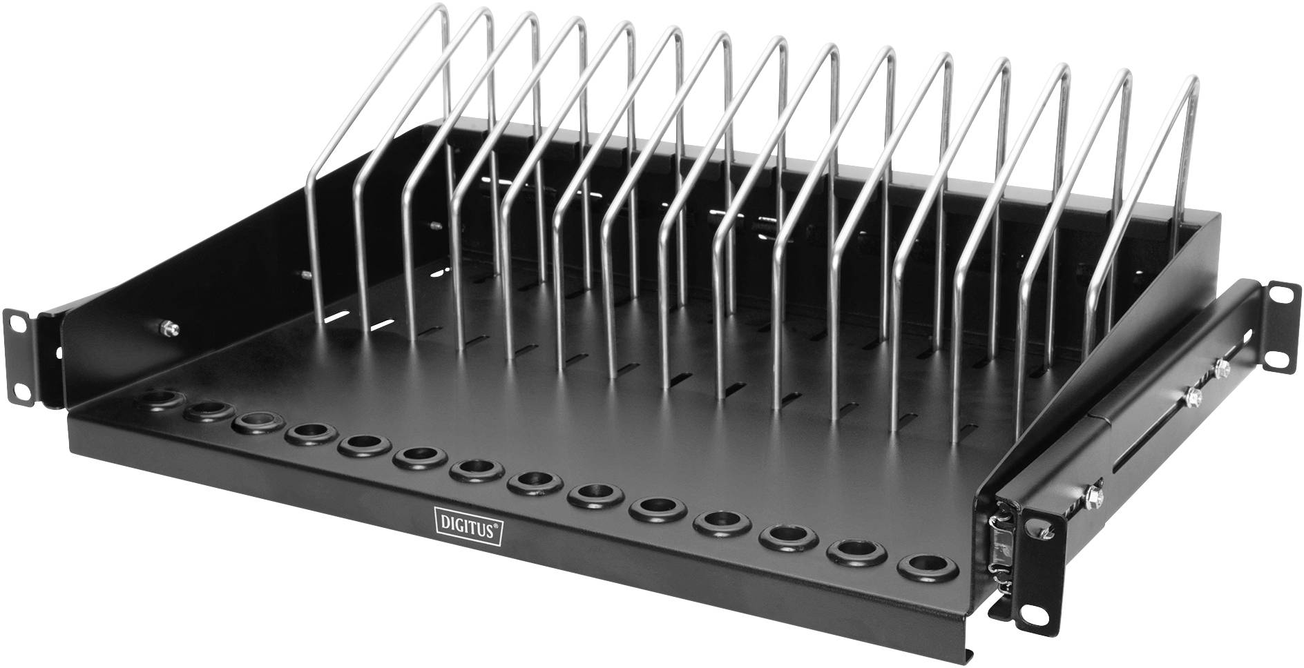 Schwarzes Rackmodul mit metallenen Trennstreben zur vertikalen Aufbewahrung von Geräten. Im Vordergrund ist das Logo 'DIGITUS' sichtbar.
