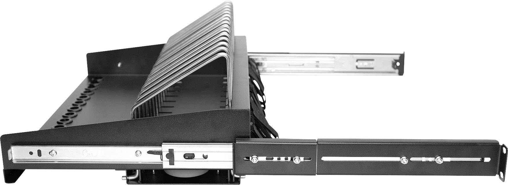 Ausziehbare Schublade für 19-Zoll-Rack, seitlich angezeigt, mit mehreren Halterungen zur Kabelorganisation, vollständig ausgezogen.
