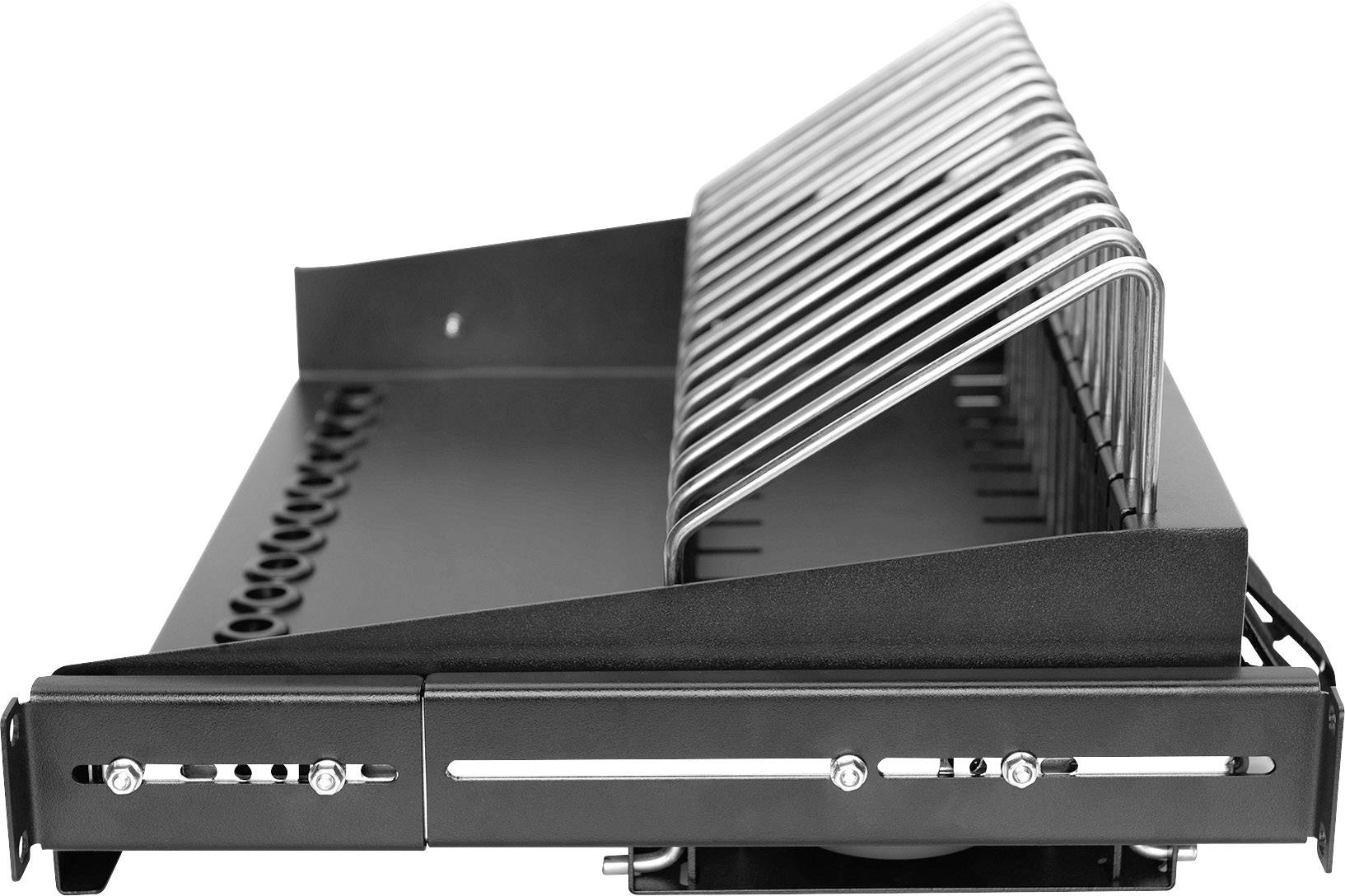 Ein Metall-Aktenhalter mit mehreren Schlitzen zur vertikalen Ablage von Dokumenten, seitliche Ansicht.