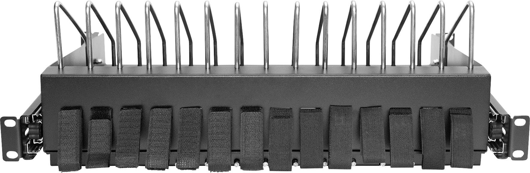 Ein schwarzer Kabelmanagement-Rack-Halter mit vertikalen Metallbügeln und Klettbändern, geeignet für Serverräume oder Netzwerkschränke.