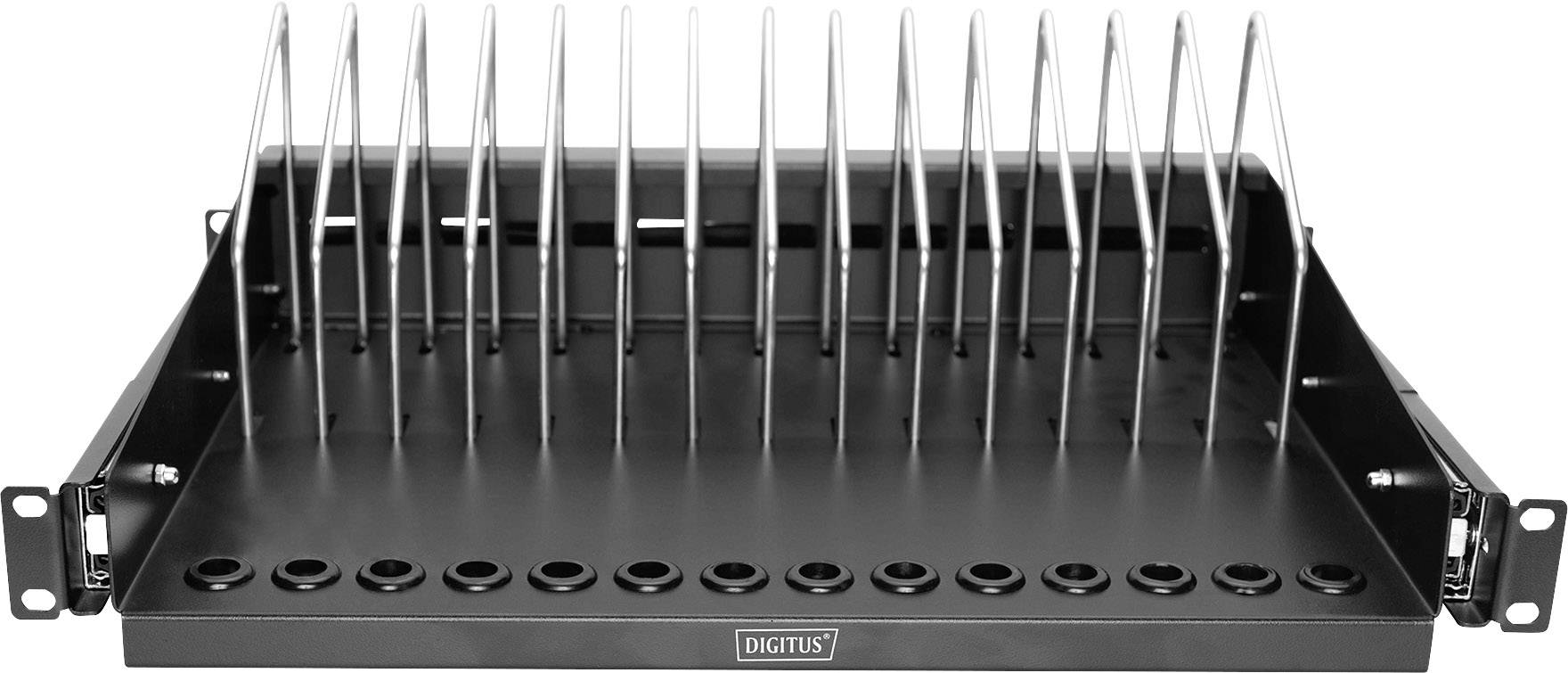 Organizer für 19-Zoll-Rack, schwarz, mit Metallteilen für Kabelmanagement. Ideal zur ordentlichen Aufbewahrung von Kabeln oder Geräten.
