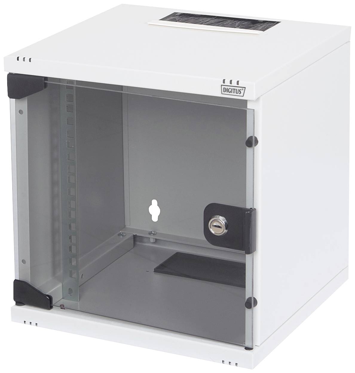 Ein kleiner, weißer Wandnetzwerkschrank mit Glastür und Schließmechanismus. Ideal zur sicheren Aufbewahrung von Netzwerkgeräten.