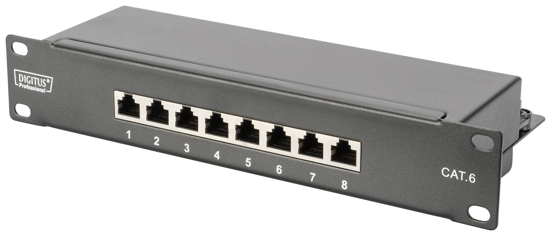 Patchpanel mit acht RJ45-Ports, beschriftet von 1 bis 8, als Teil eines Netzwerksystems, geeignet für CAT.6 Ethernet-Verbindungen.